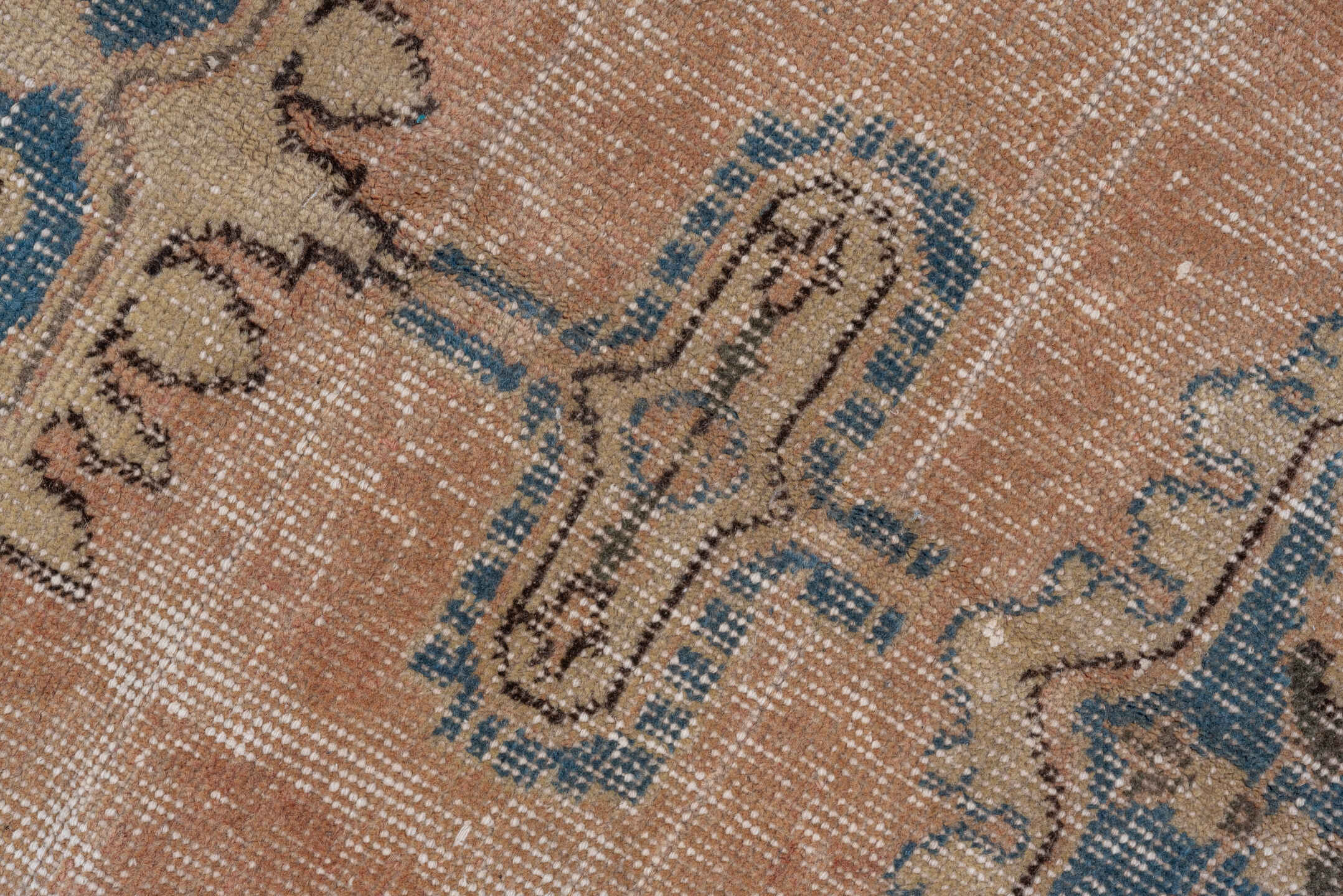 6' x 10' one-of-a-kind handmade vintage Oushak large size rug. Color palette: blue, brown, dim gray, gray, light gray, pink