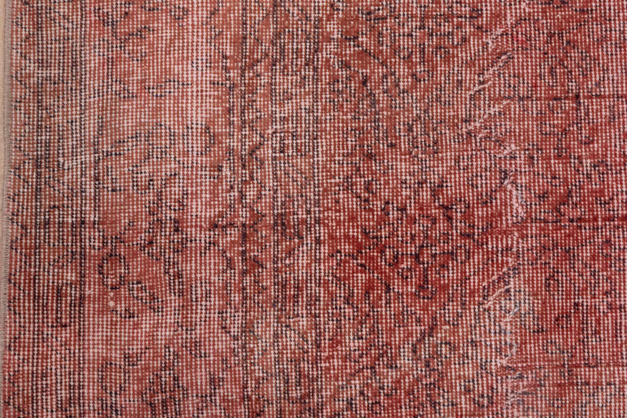 6' x 9' one-of-a-kind handmade vintage Overdyed medium size rug. Color palette: rose, dusty coral, terra cotta, blush, brick