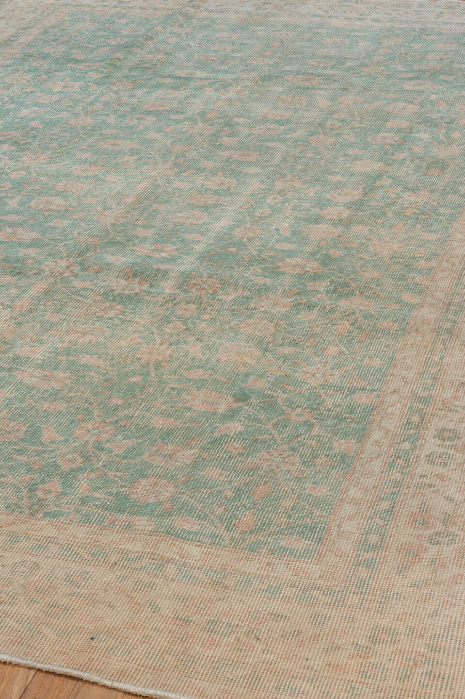 6' x 10' one-of-a-kind handmade vintage Oushak large size rug. Color palette: sage, blush, ivory, taupe, cream, green, pink