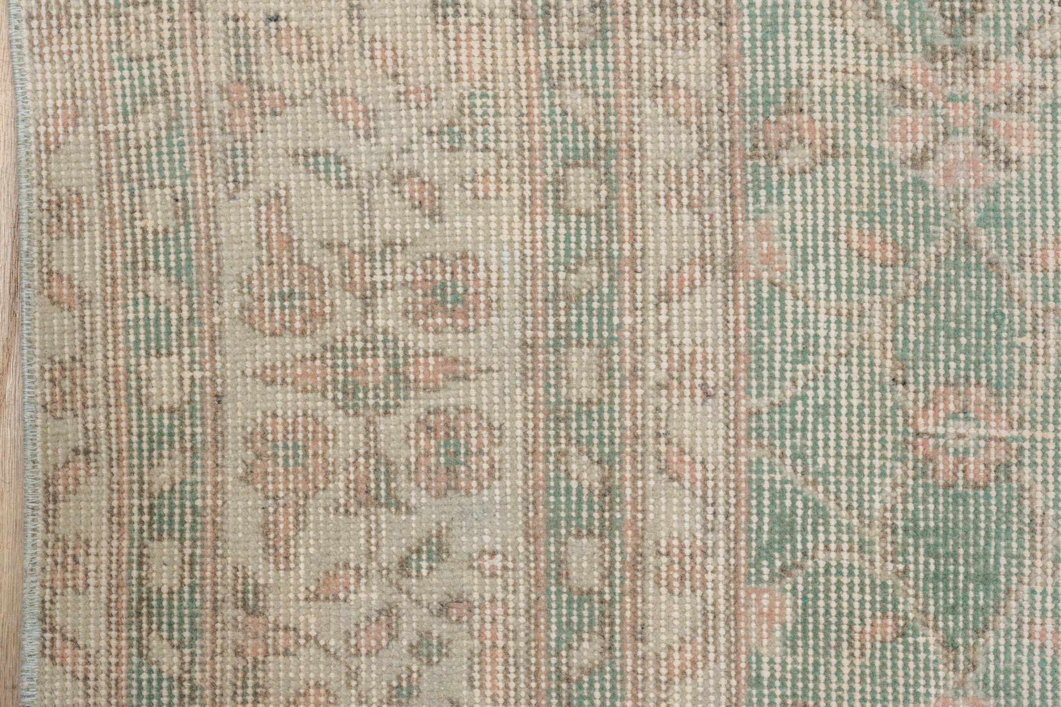 6' x 10' one-of-a-kind handmade vintage Oushak large size rug. Color palette: sage, blush, ivory, taupe, cream, green, pink