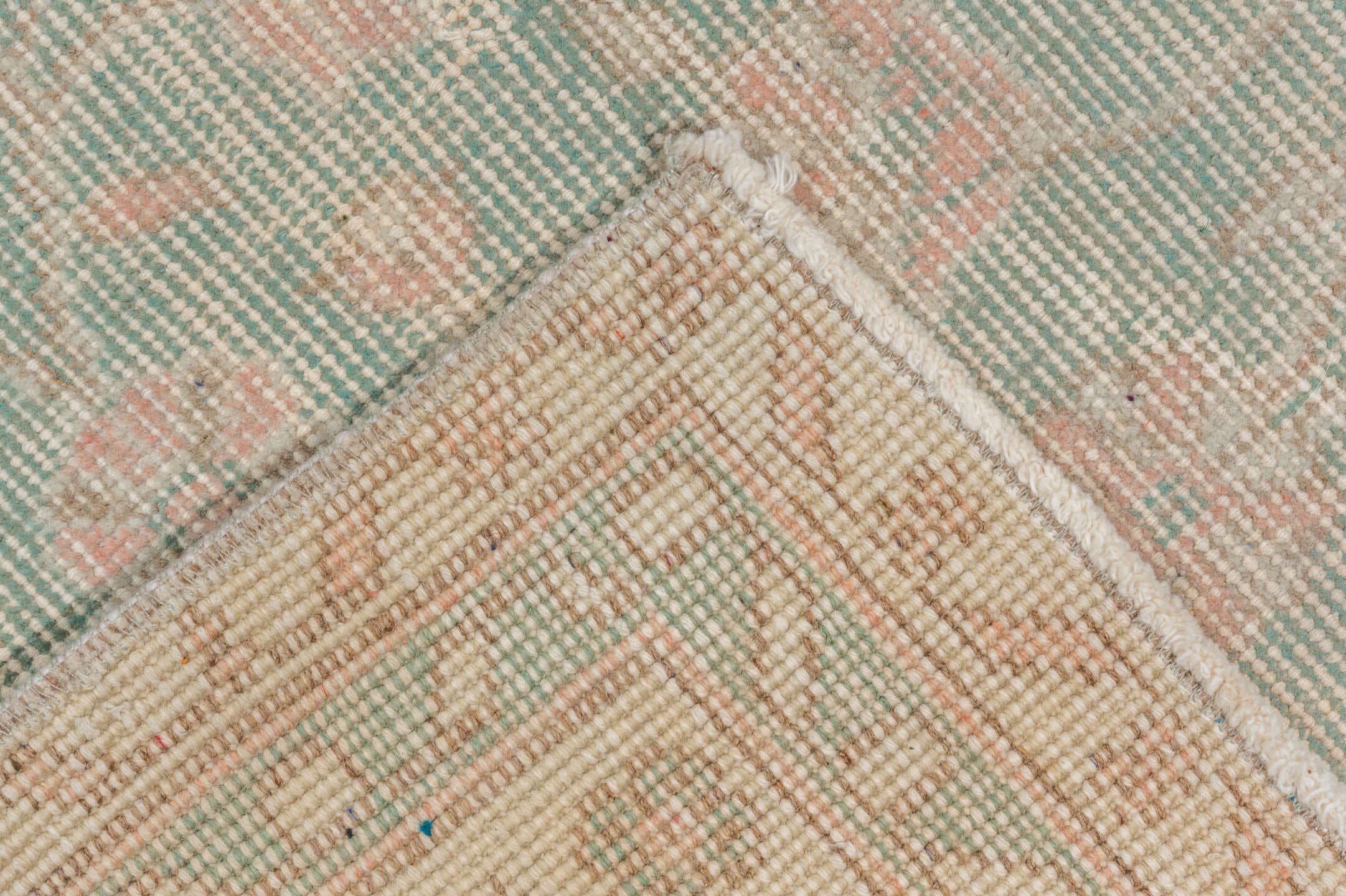 6' x 10' one-of-a-kind handmade vintage Oushak large size rug. Color palette: sage, blush, ivory, taupe, cream, green, pink