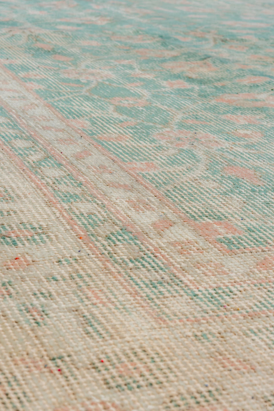 6' x 10' one-of-a-kind handmade vintage Oushak large size rug. Color palette: sage, blush, ivory, taupe, cream, green, pink