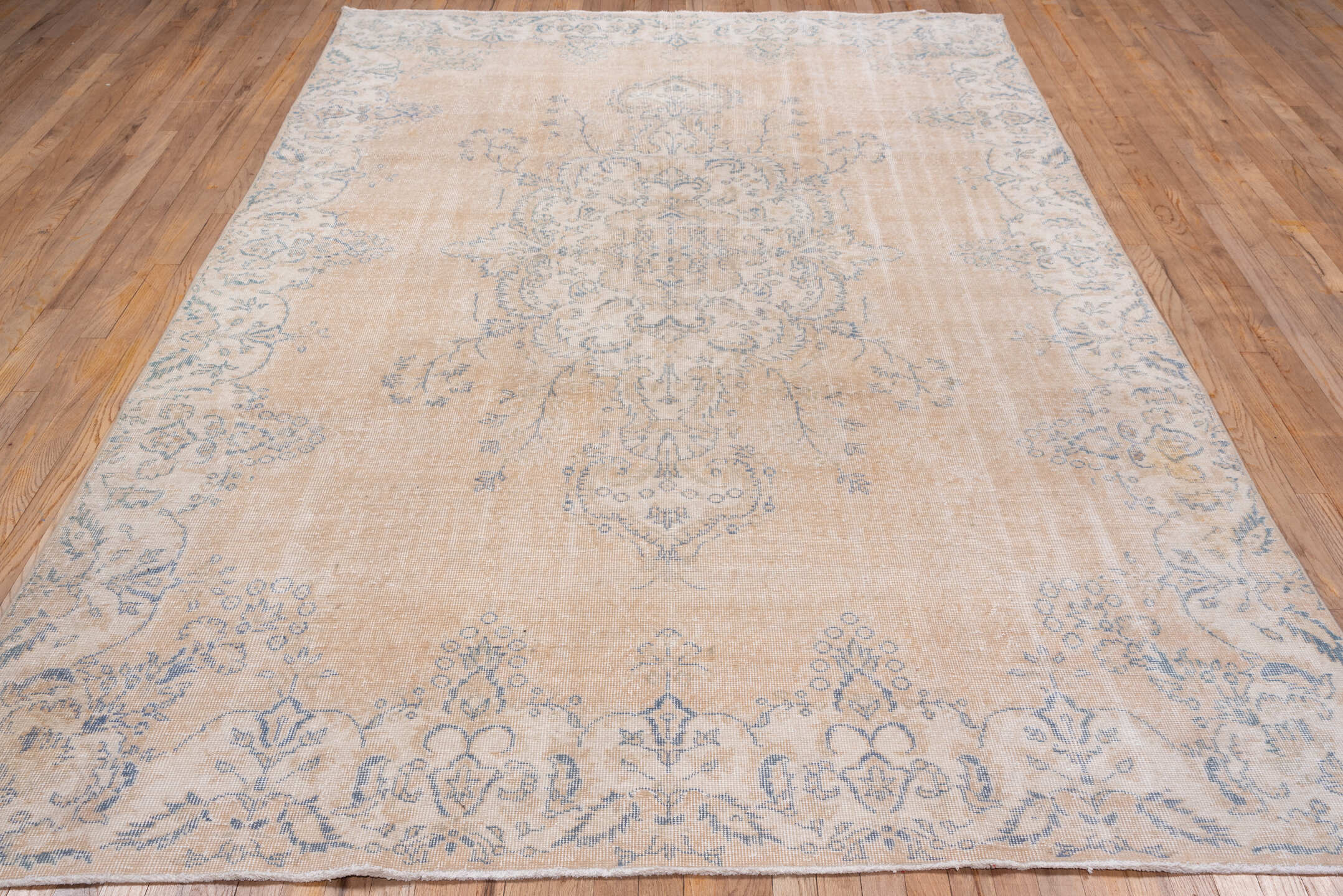 7' x 10' one-of-a-kind handmade vintage Oushak large size rug. Color palette: peach, ivory, pale blue, cream, beige