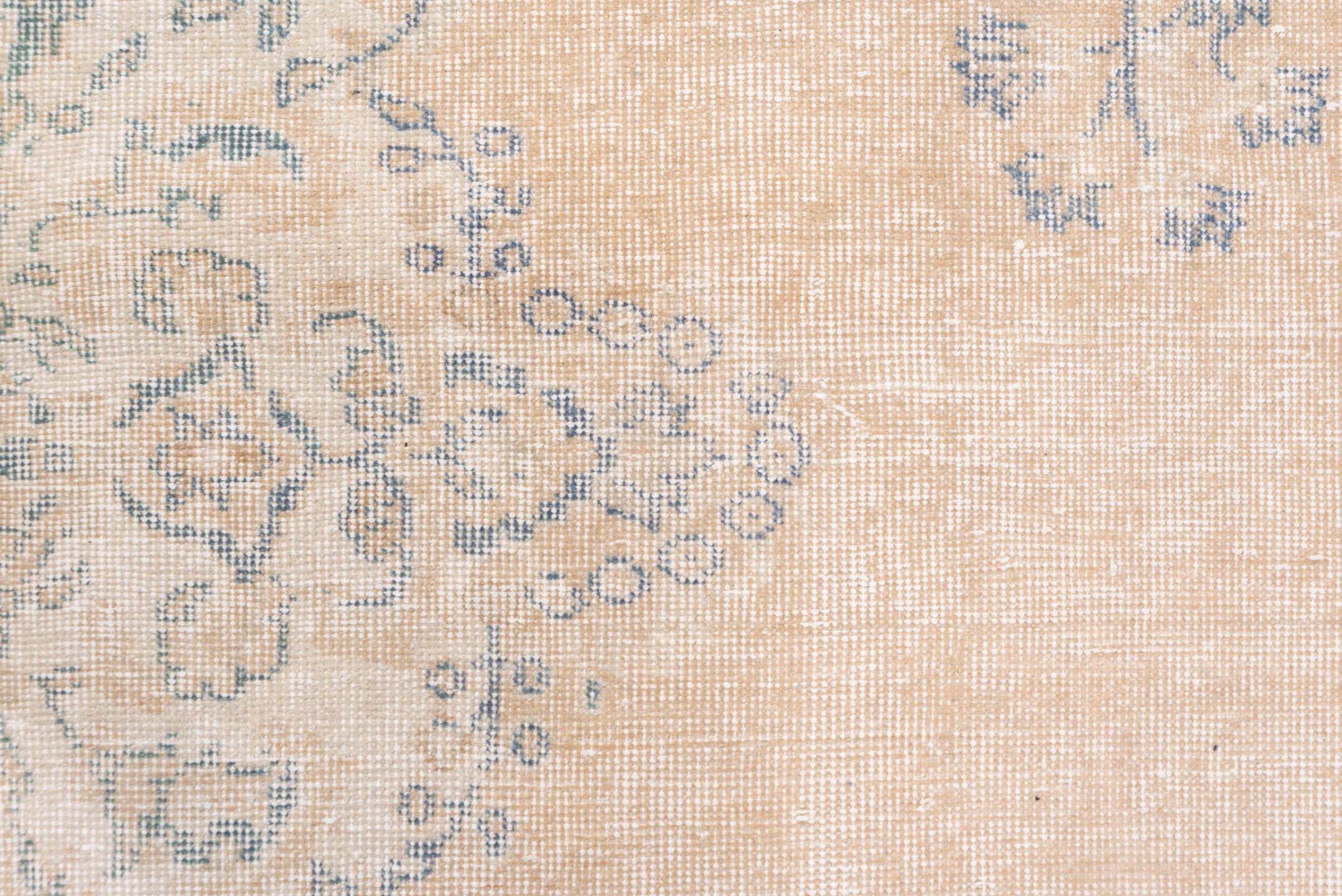 7' x 10' one-of-a-kind handmade vintage Oushak large size rug. Color palette: peach, ivory, pale blue, cream, beige