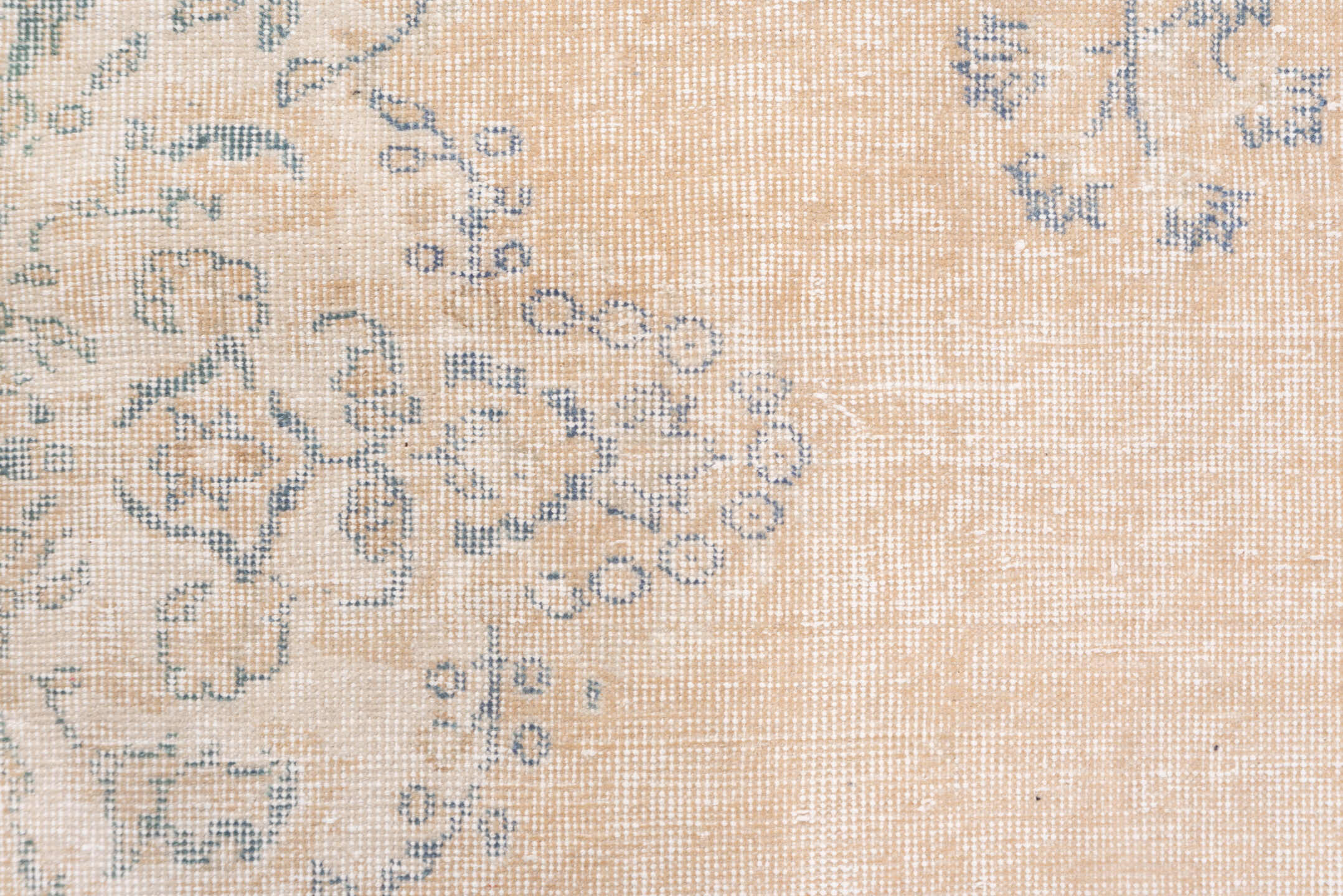 7' x 10' one-of-a-kind handmade vintage Oushak large size rug. Color palette: peach, ivory, pale blue, cream, beige