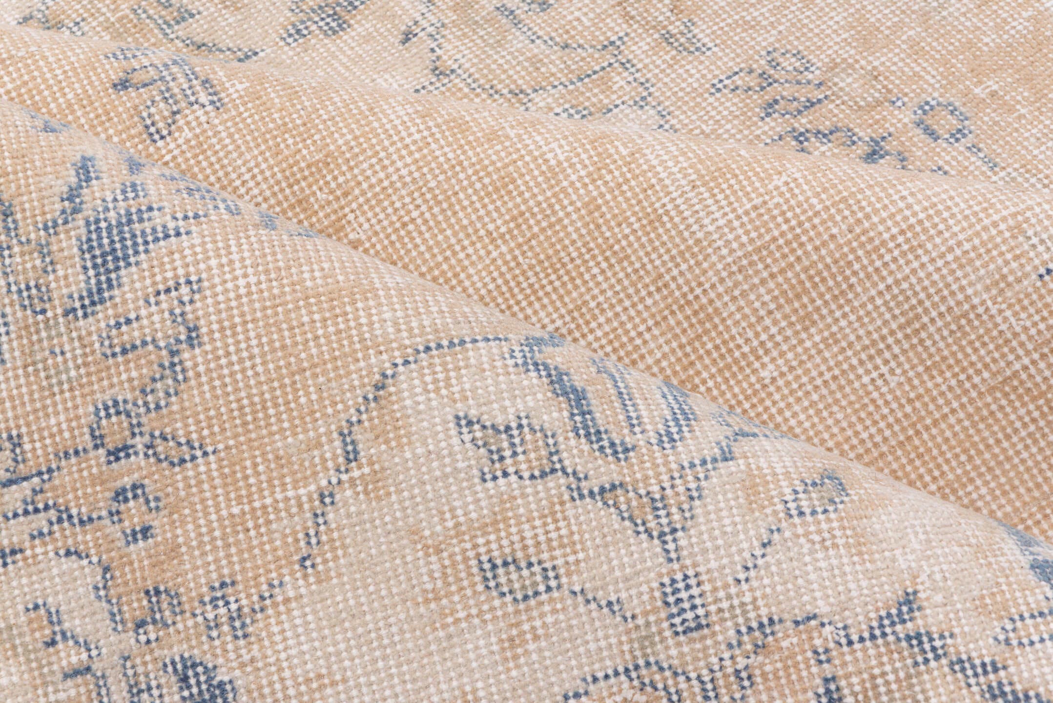 7' x 10' one-of-a-kind handmade vintage Oushak large size rug. Color palette: peach, ivory, pale blue, cream, beige