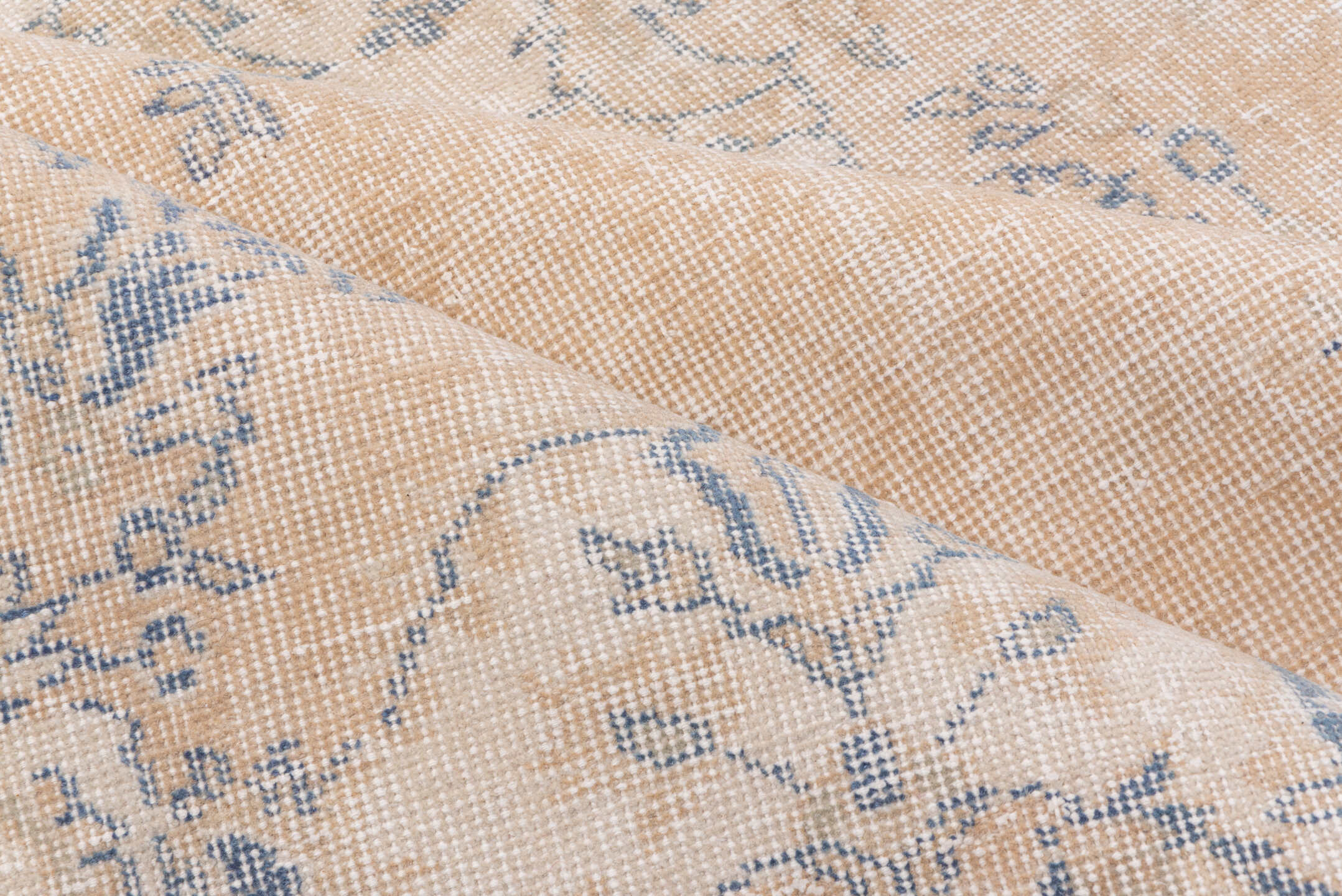 7' x 10' one-of-a-kind handmade vintage Oushak large size rug. Color palette: peach, ivory, pale blue, cream, beige