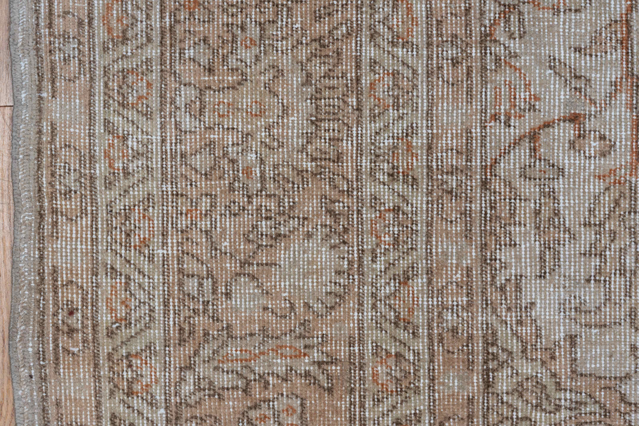 4' x 6' one-of-a-kind handmade vintage Oushak small size rug. Color palette: ivory, taupe, beige, blush, sand, camel, gray