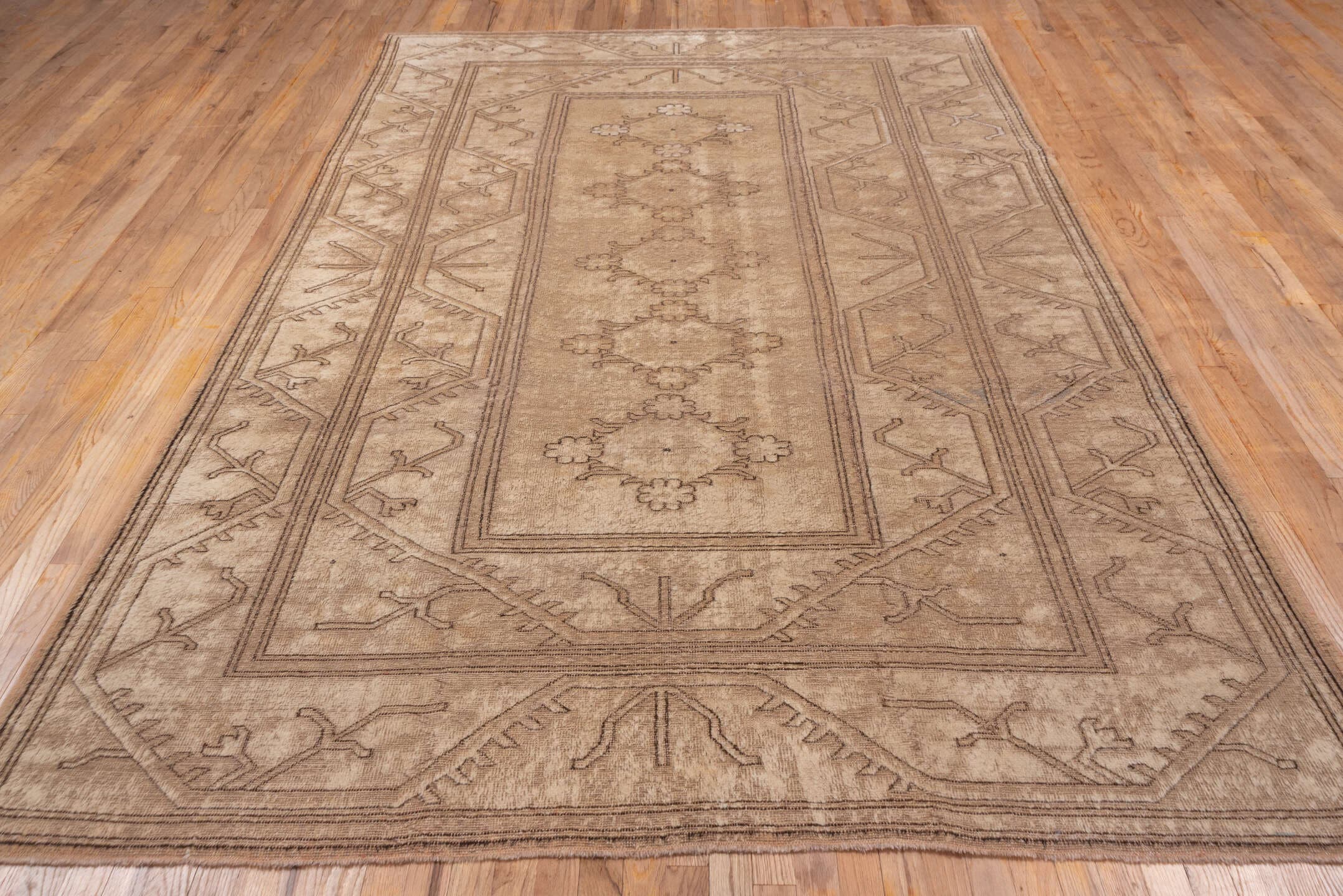 6' x 10' one-of-a-kind handmade vintage Oushak large size rug. Color palette: taupe, beige, camel, ivory, sand, brown, gray
