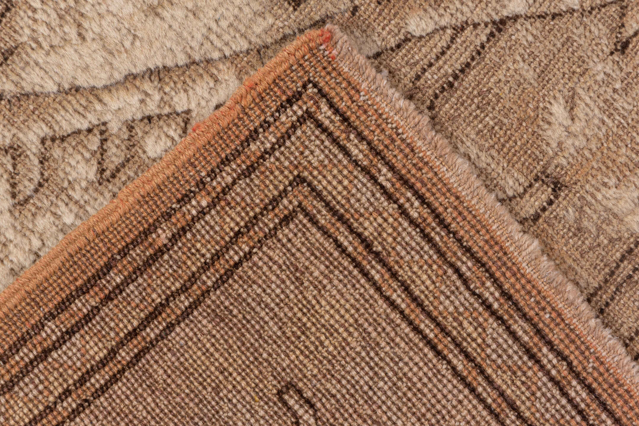 6' x 10' one-of-a-kind handmade vintage Oushak large size rug. Color palette: taupe, beige, camel, ivory, sand, brown, gray