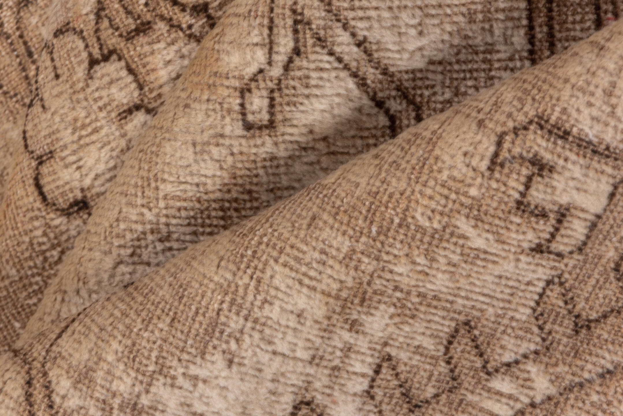 6' x 10' one-of-a-kind handmade vintage Oushak large size rug. Color palette: taupe, beige, camel, ivory, sand, brown, gray