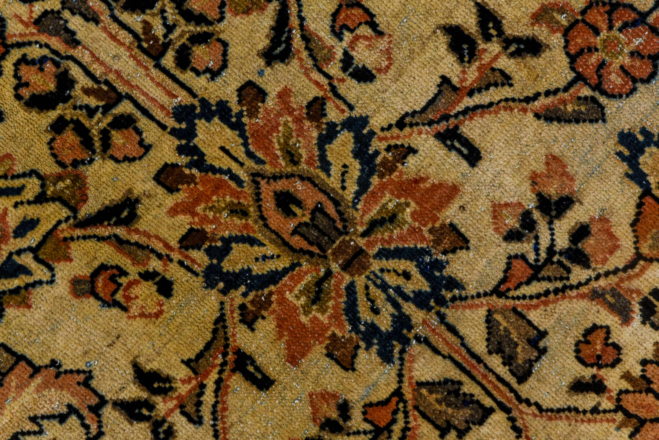 8' x 11' one-of-a-kind handmade antique Sarouk large size rug. Color palette: ivory, rust, navy, soft blue, camel, taupe
