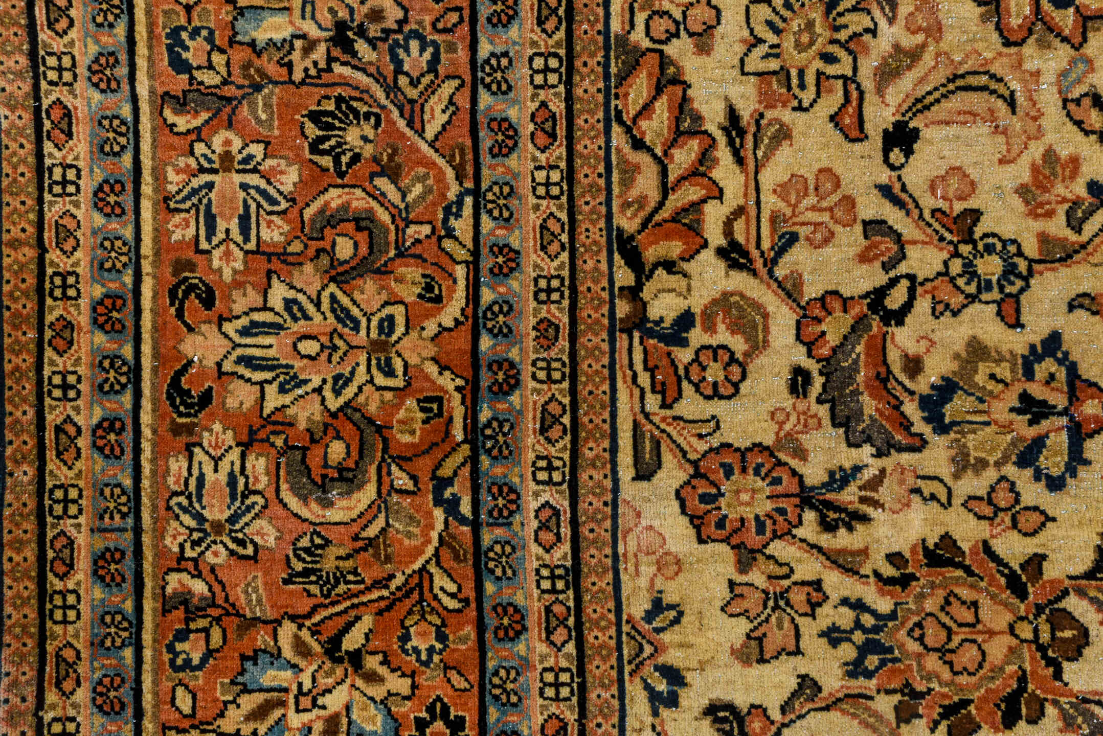 8' x 11' one-of-a-kind handmade antique Sarouk large size rug. Color palette: ivory, rust, navy, soft blue, camel, taupe