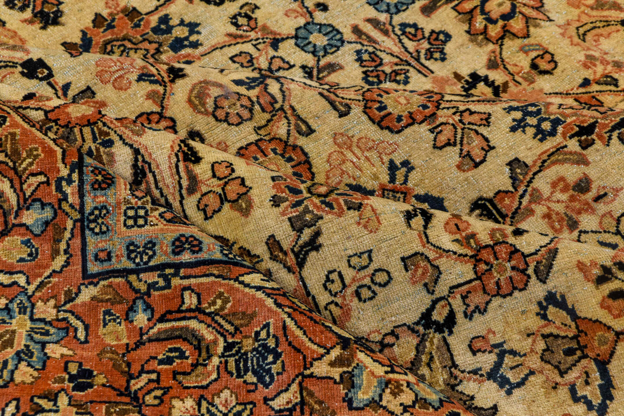 8' x 11' one-of-a-kind handmade antique Sarouk large size rug. Color palette: ivory, rust, navy, soft blue, camel, taupe