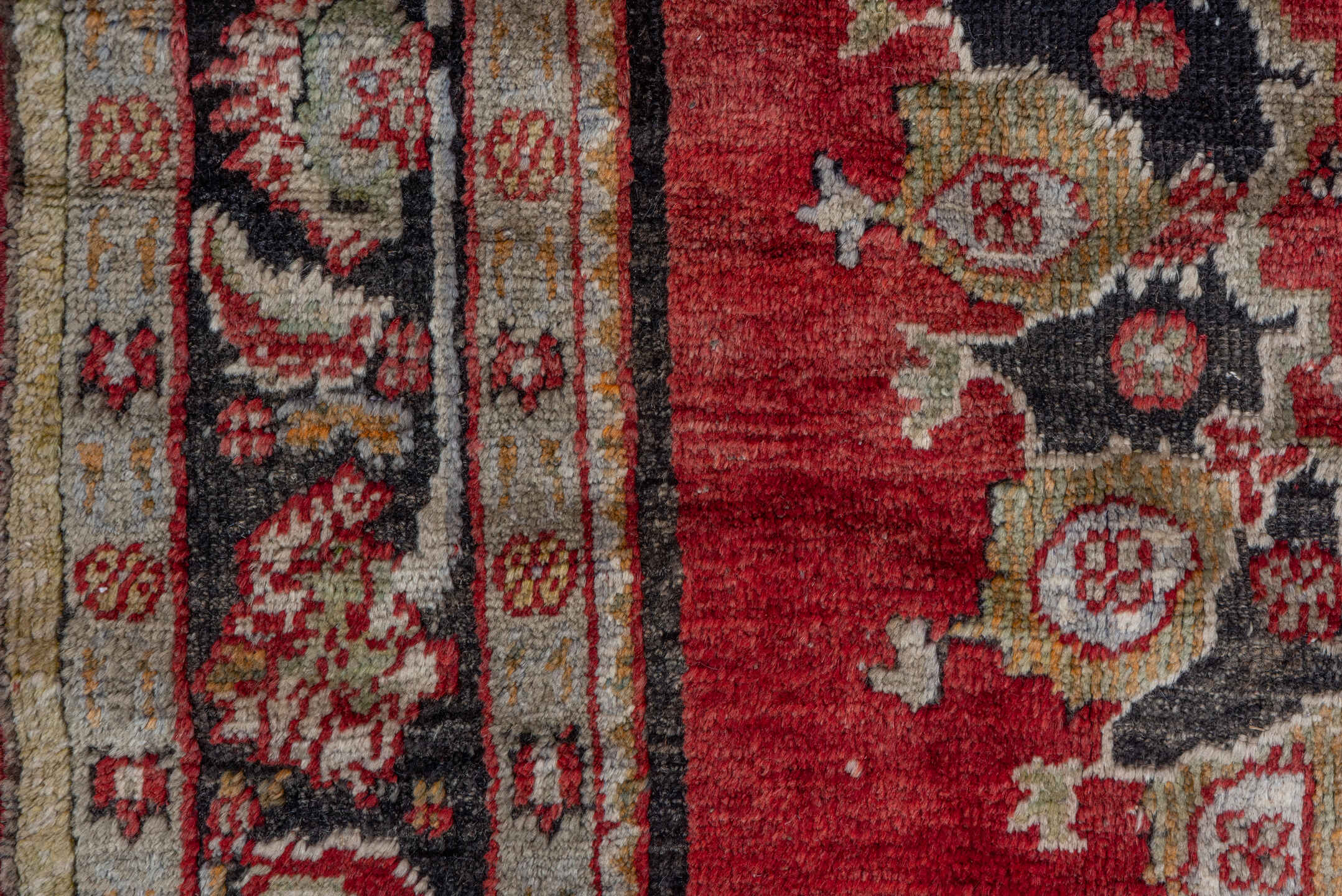 5' x 7' one-of-a-kind handmade vintage Oushak rug. Color palette: red, ivory, charcoal, camel, sky_blue, rose, olive, gray