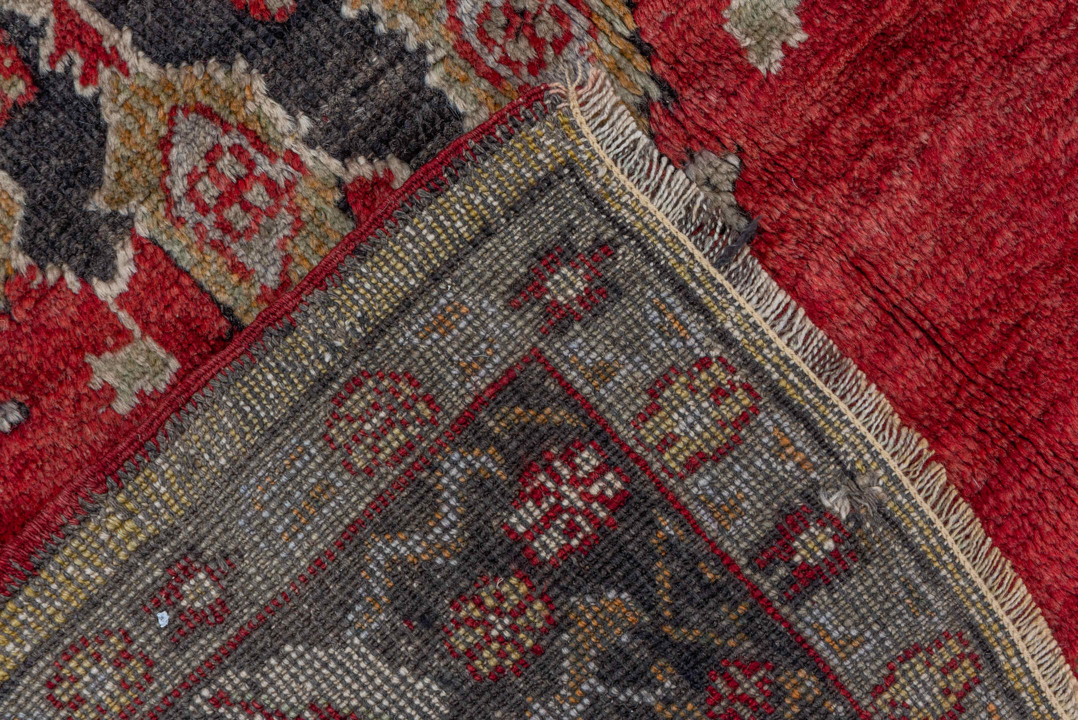 5' x 7' one-of-a-kind handmade vintage Oushak rug. Color palette: red, ivory, charcoal, camel, sky_blue, rose, olive, gray