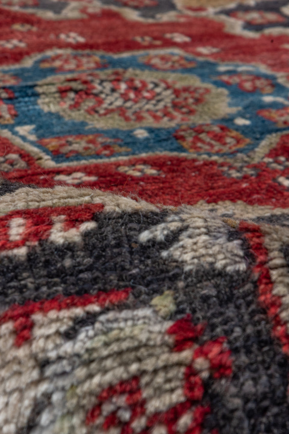 5' x 7' one-of-a-kind handmade vintage Oushak rug. Color palette: red, ivory, charcoal, camel, sky_blue, rose, olive, gray