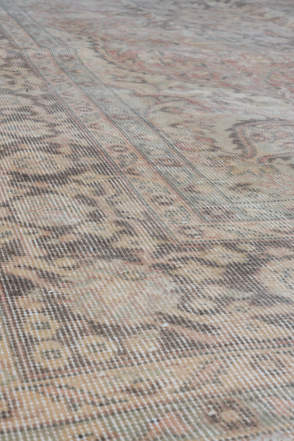 6' x 9' one-of-a-kind handmade vintage Oushak medium size rug. Color palette: ivory, blush, taupe, slate, beige, soft gray