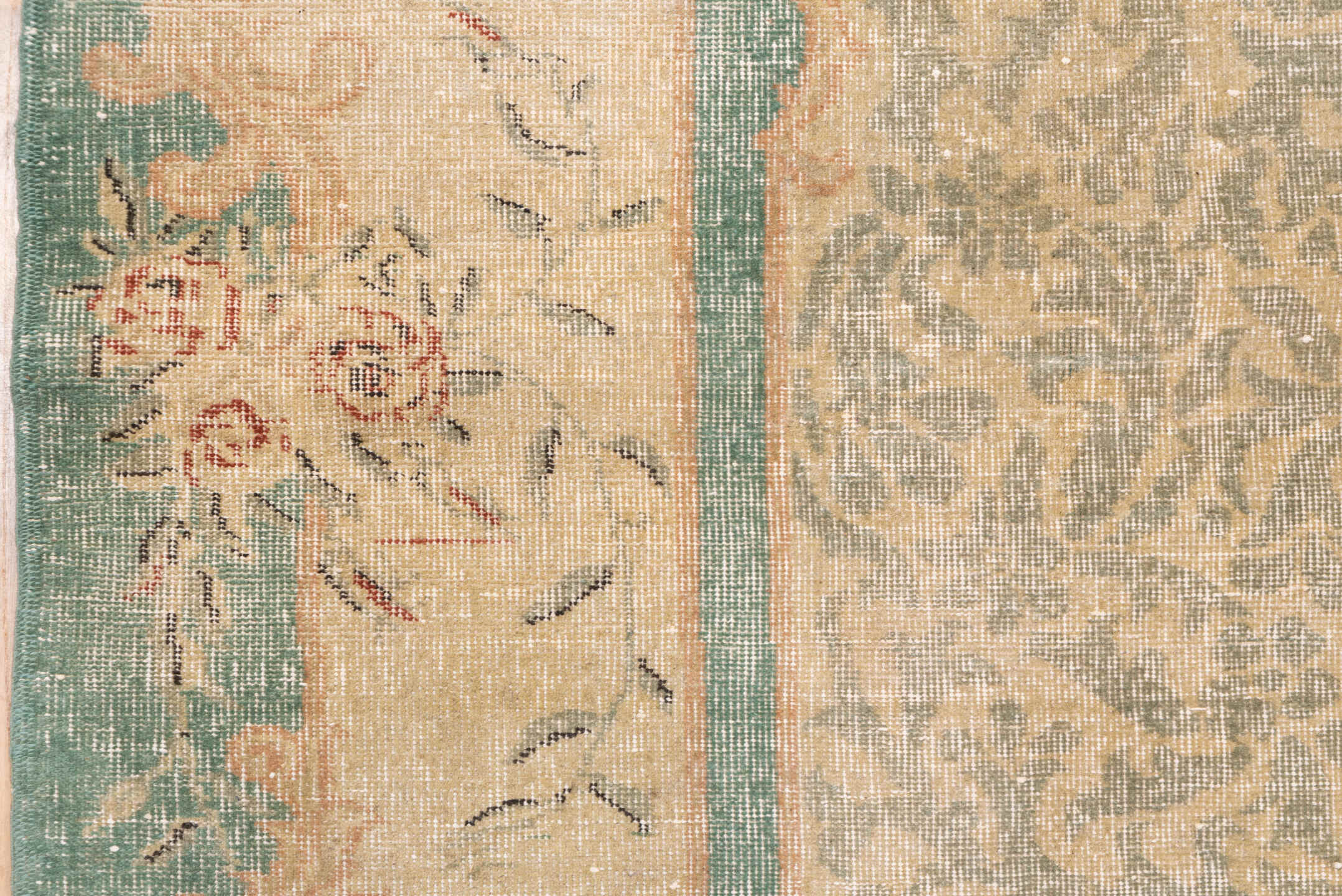 7' x 10' one-of-a-kind handmade vintage Oushak large size rug. Color palette: ivory, sage, blush, beige, coral, taupe, green
