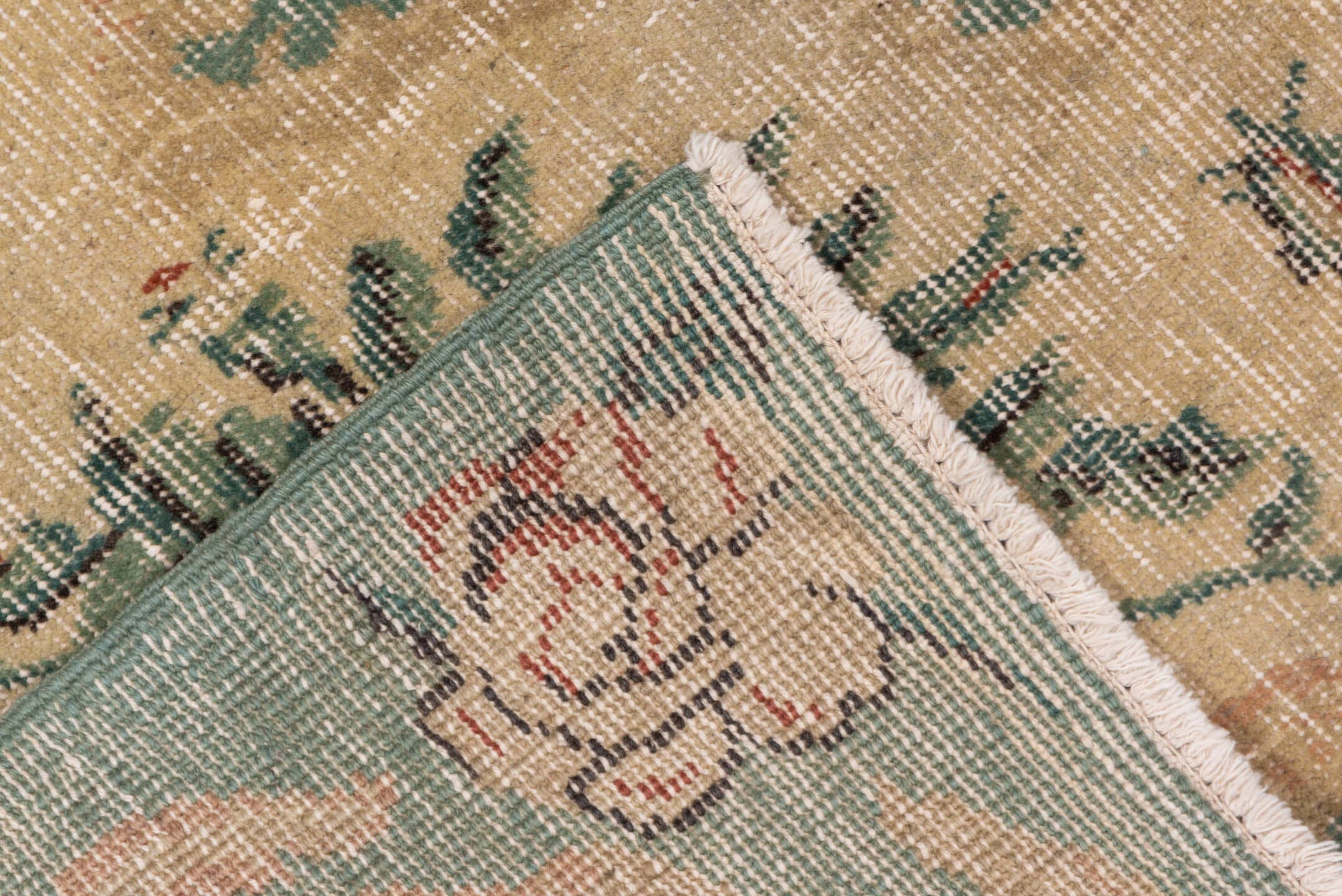 7' x 10' one-of-a-kind handmade vintage Oushak large size rug. Color palette: ivory, sage, blush, beige, coral, taupe, green