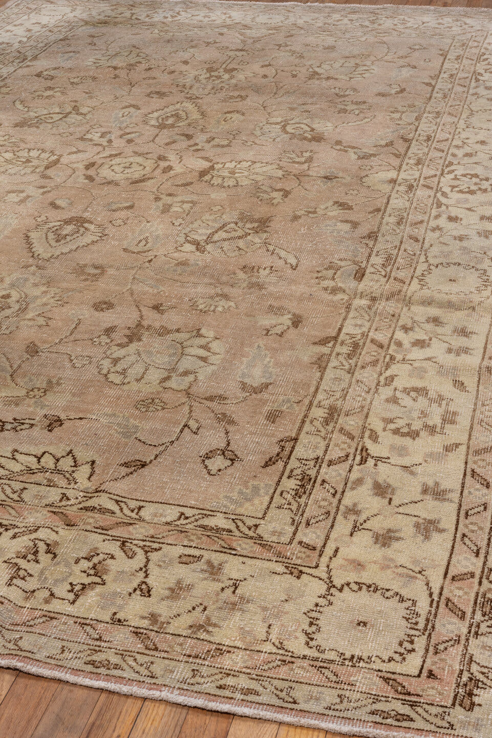 7' x 12' one-of-a-kind handmade vintage Oushak large size rug. Color palette: beige, blush, ivory, taupe, camel, brown, sage
