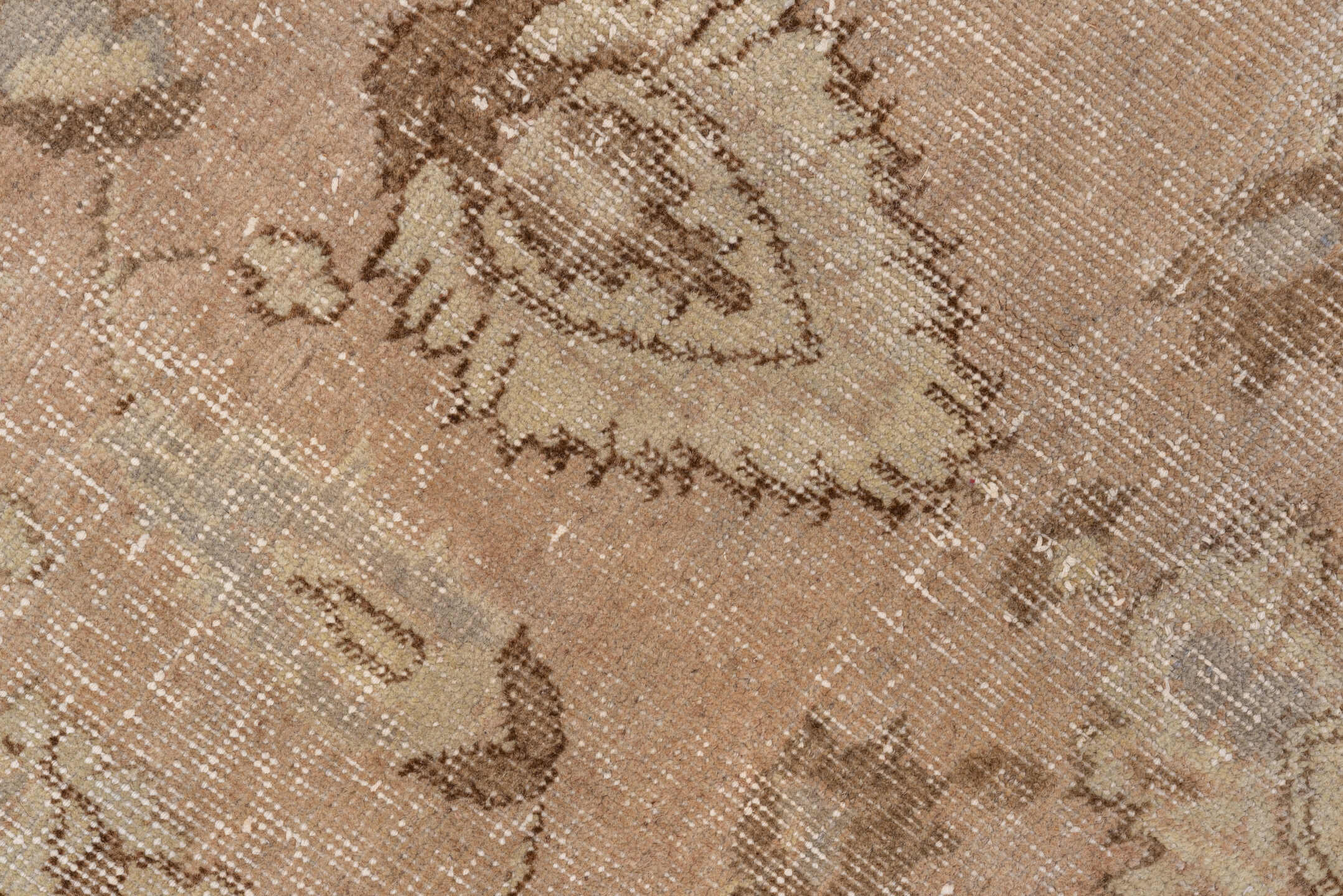 7' x 12' one-of-a-kind handmade vintage Oushak large size rug. Color palette: beige, blush, ivory, taupe, camel, brown, sage
