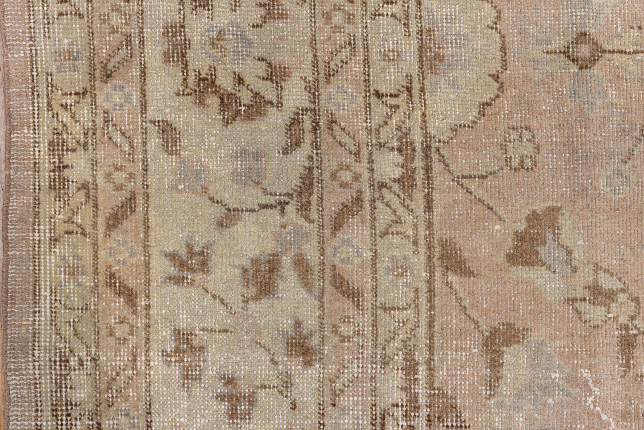 7' x 12' one-of-a-kind handmade vintage Oushak large size rug. Color palette: beige, blush, ivory, taupe, camel, brown, sage