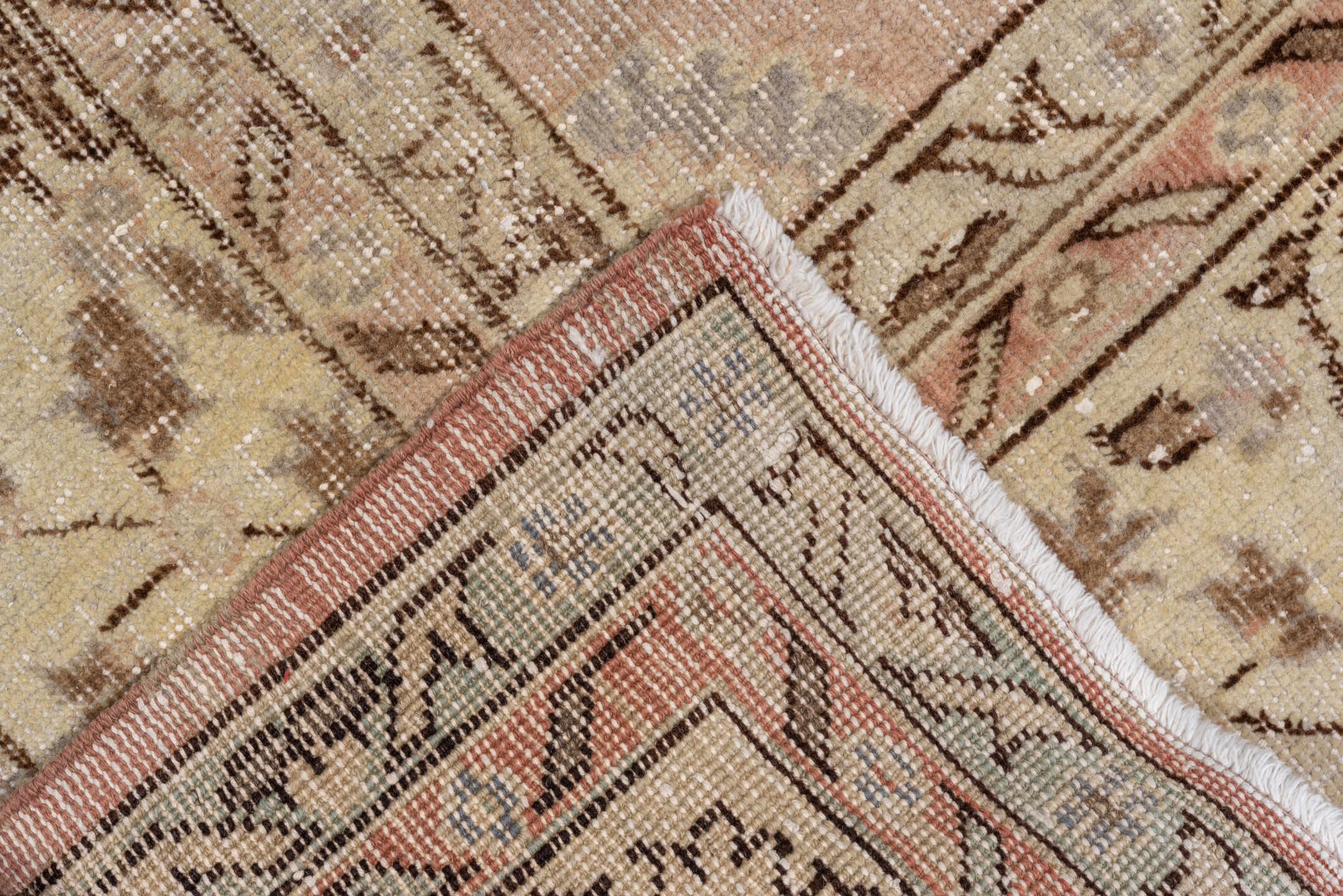 7' x 12' one-of-a-kind handmade vintage Oushak large size rug. Color palette: beige, blush, ivory, taupe, camel, brown, sage