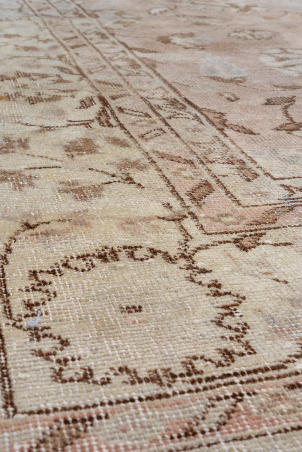 7' x 12' one-of-a-kind handmade vintage Oushak large size rug. Color palette: beige, blush, ivory, taupe, camel, brown, sage
