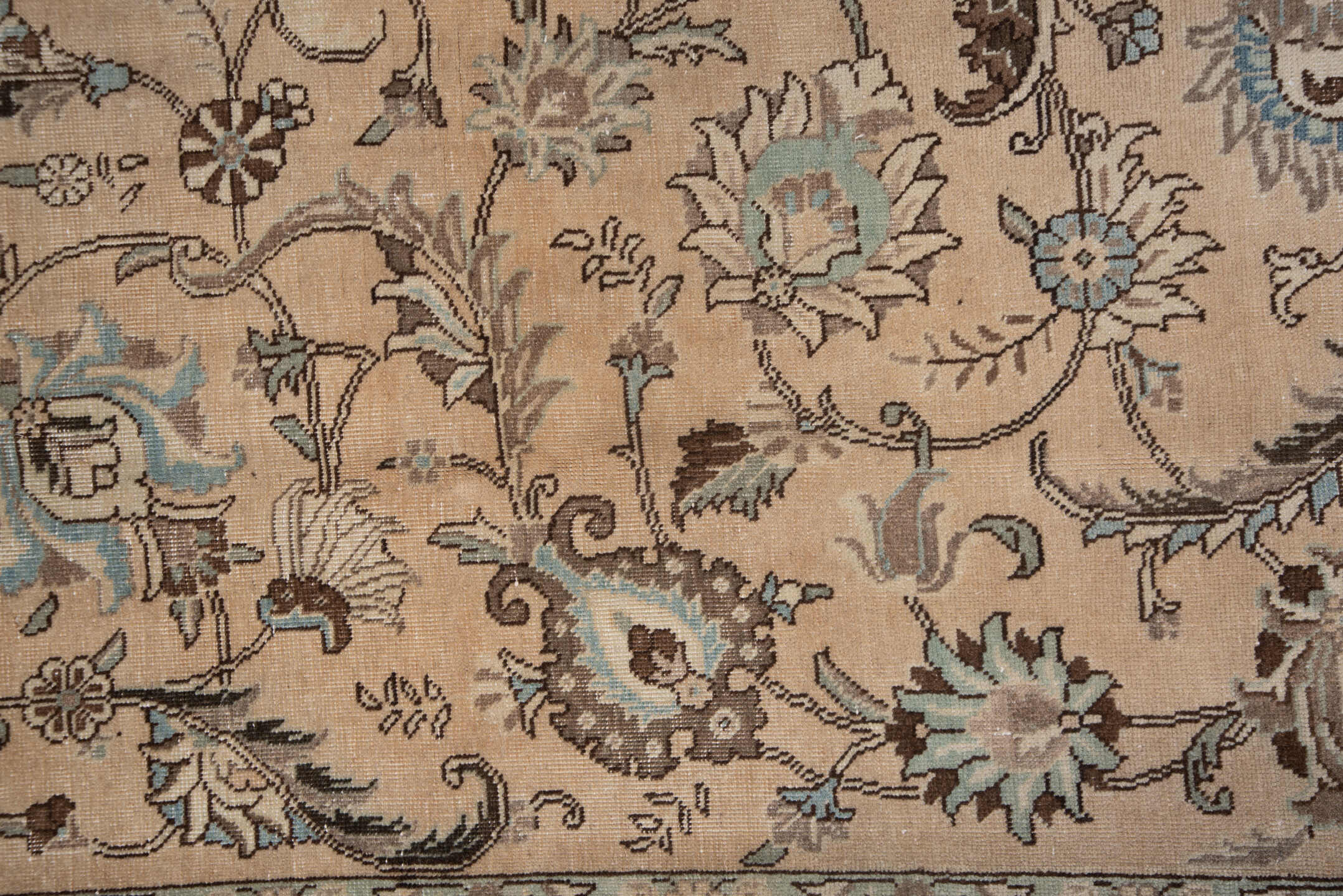 7' x 10' one-of-a-kind handmade vintage Tabriz large size rug. Color palette: beige, ivory, taupe, pale blue, brown, camel