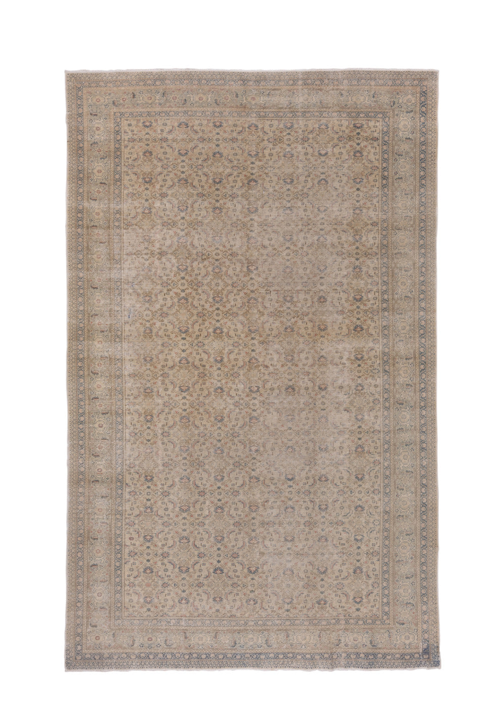 7' x 12' one-of-a-kind handmade vintage Kaisary large size rug. Color palette: ivory, beige, slate, taupe, dusty blue, rust