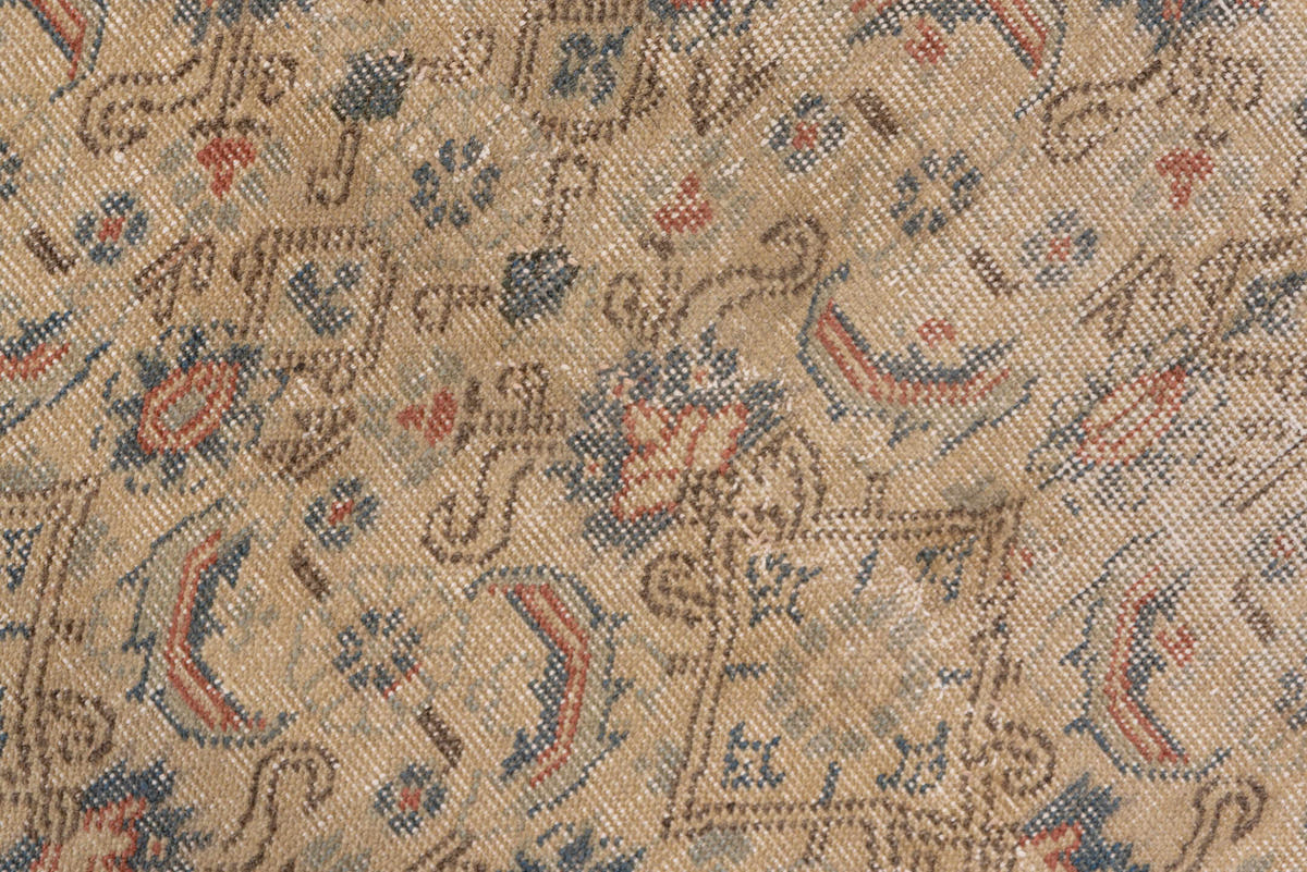 7' x 12' one-of-a-kind handmade vintage Kaisary large size rug. Color palette: ivory, beige, slate, taupe, dusty blue, rust