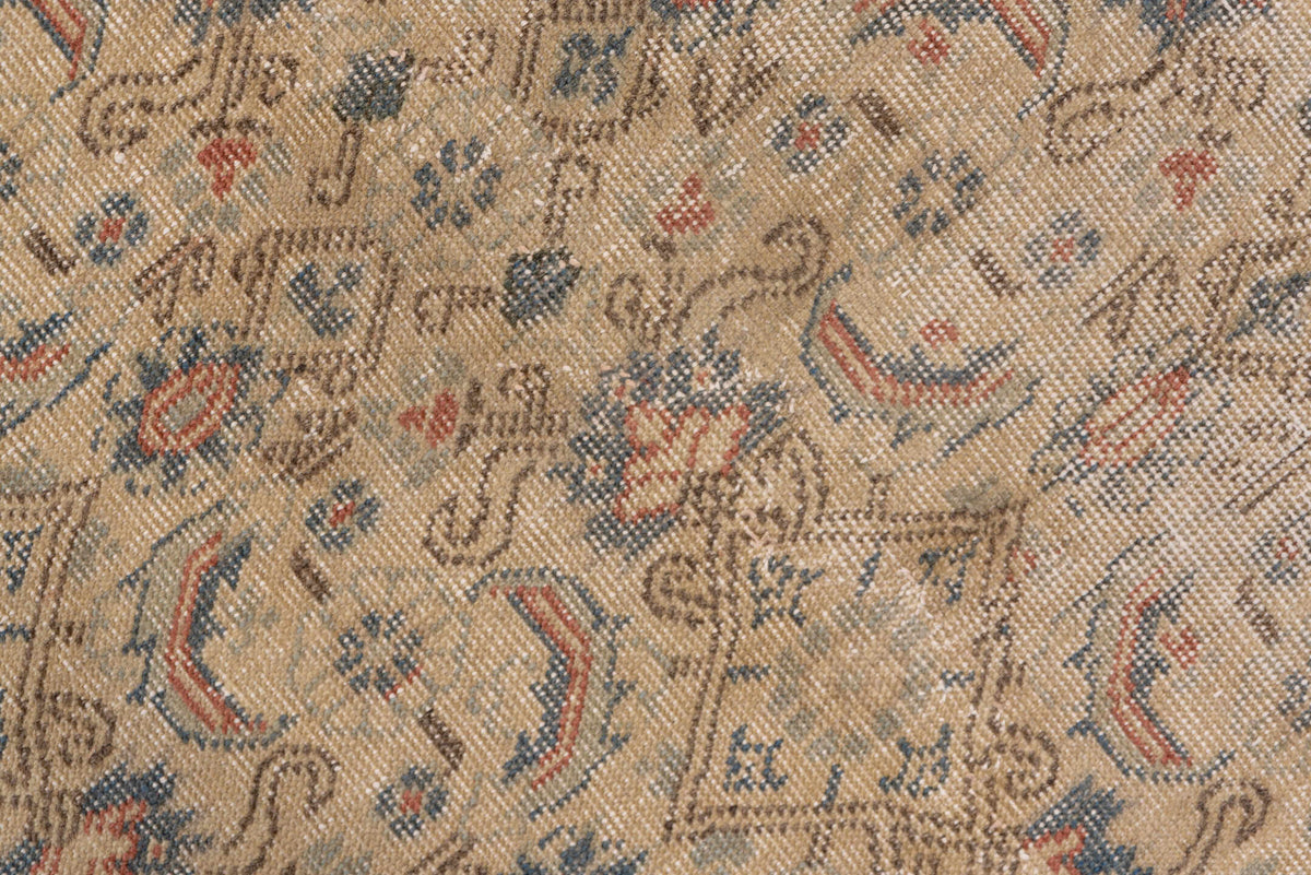 7' x 12' one-of-a-kind handmade vintage Kaisary large size rug. Color palette: ivory, beige, slate, taupe, dusty blue, rust