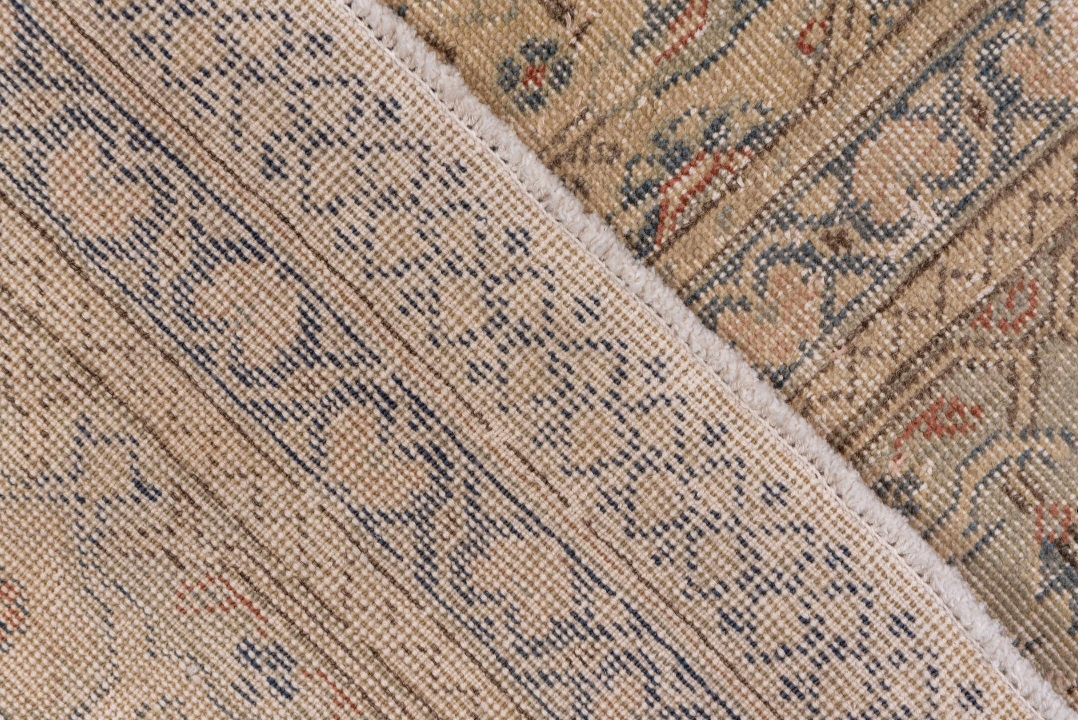 7' x 12' one-of-a-kind handmade vintage Kaisary large size rug. Color palette: ivory, beige, slate, taupe, dusty blue, rust