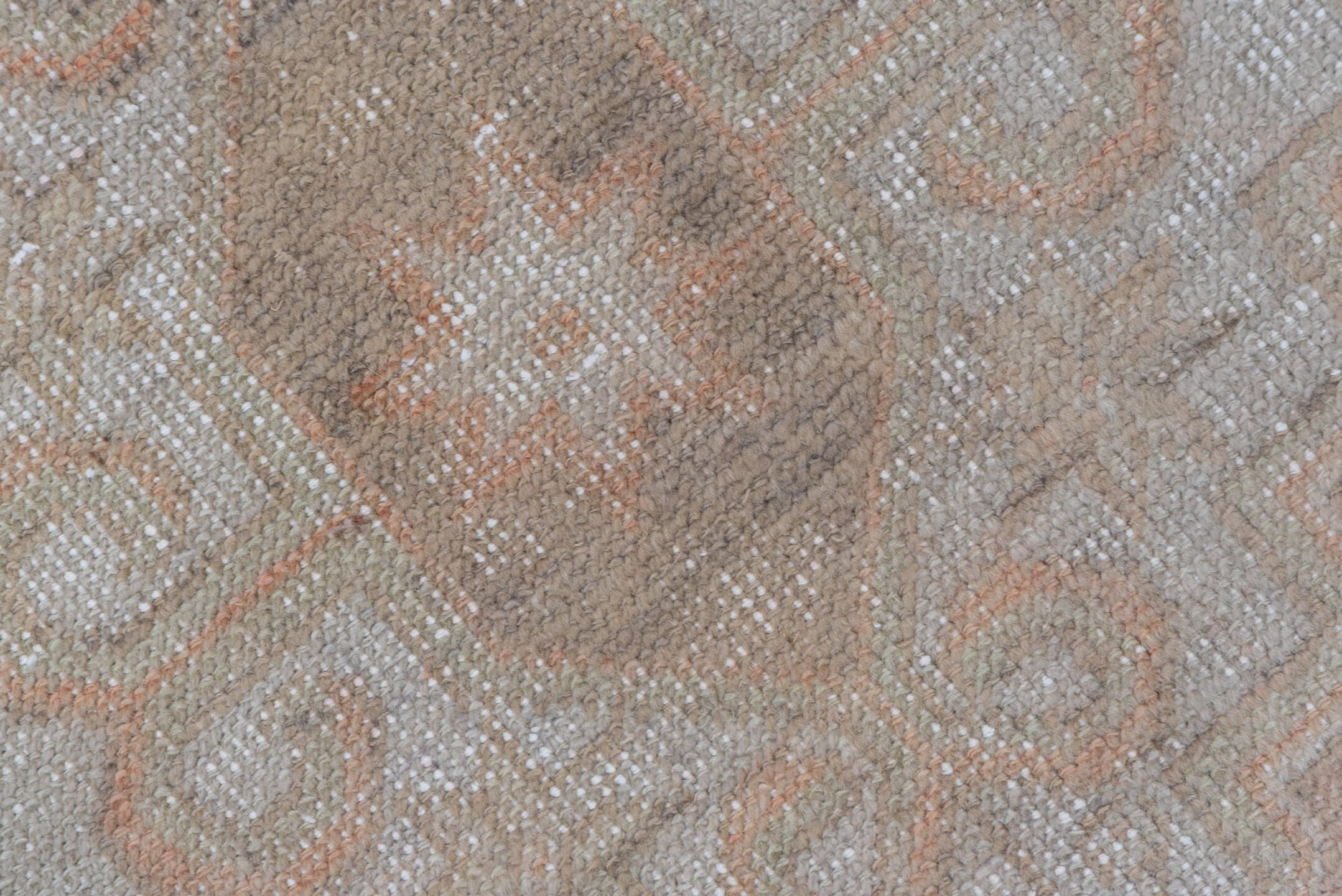 3' x 9' one-of-a-kind handmade vintage Oushak runner rug. Color palette: blush, ivory, taupe, beige, camel, charcoal, pink