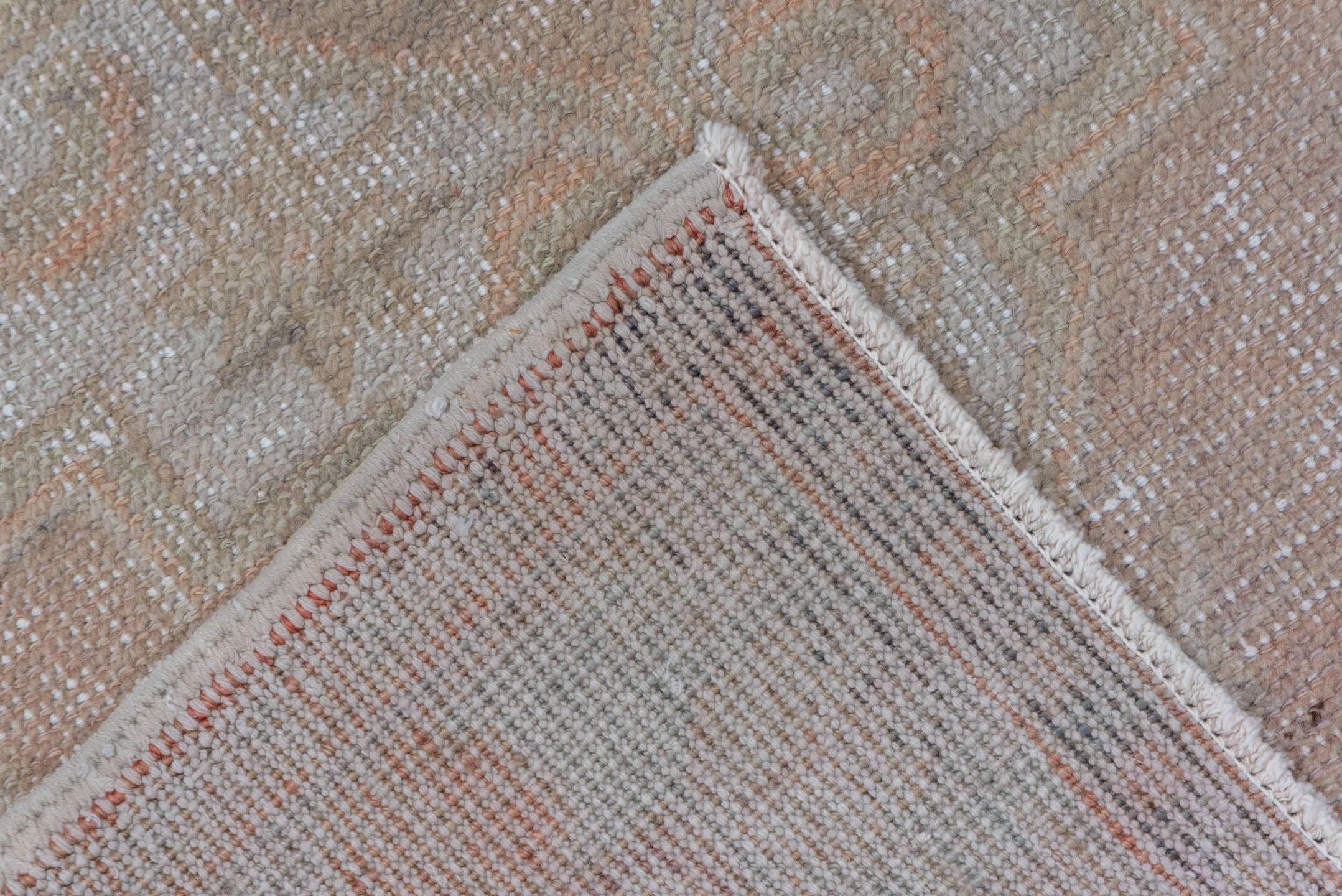 3' x 9' one-of-a-kind handmade vintage Oushak runner rug. Color palette: blush, ivory, taupe, beige, camel, charcoal, pink