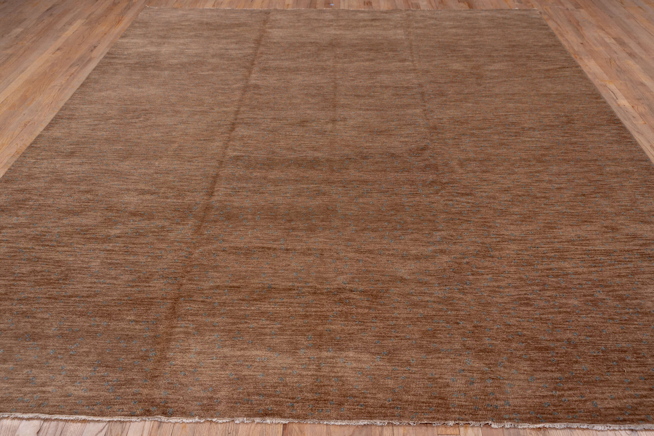 9' x 12' one-of-a-kind handmade vintage Dot large size rug. Color palette: brown, gray, pink