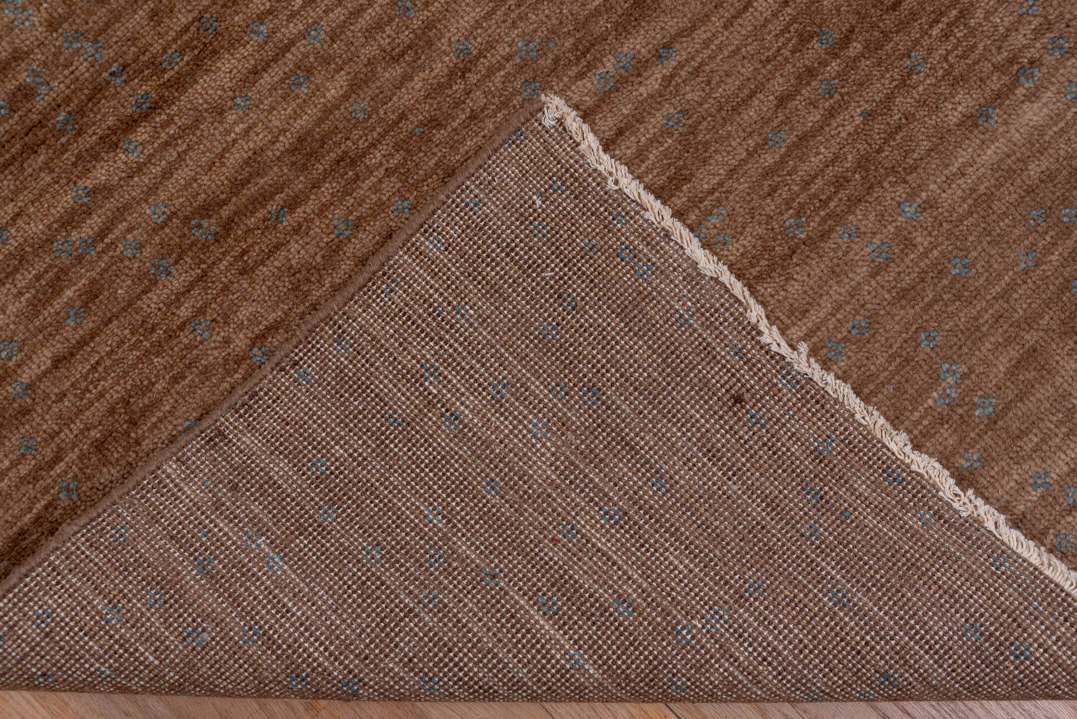 9' x 12' one-of-a-kind handmade vintage Dot large size rug. Color palette: brown, gray, pink