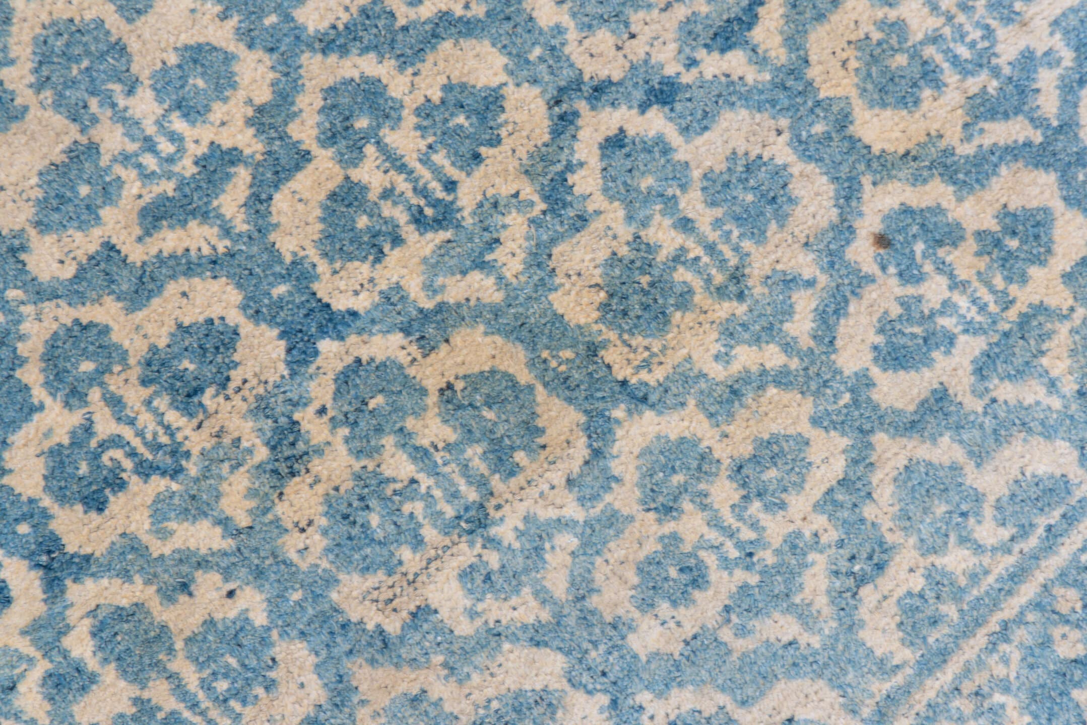 3' x 6' one-of-a-kind handmade vintage Cotton Agra small size rug. Color palette: sky blue, ivory, taupe, beige, light blue