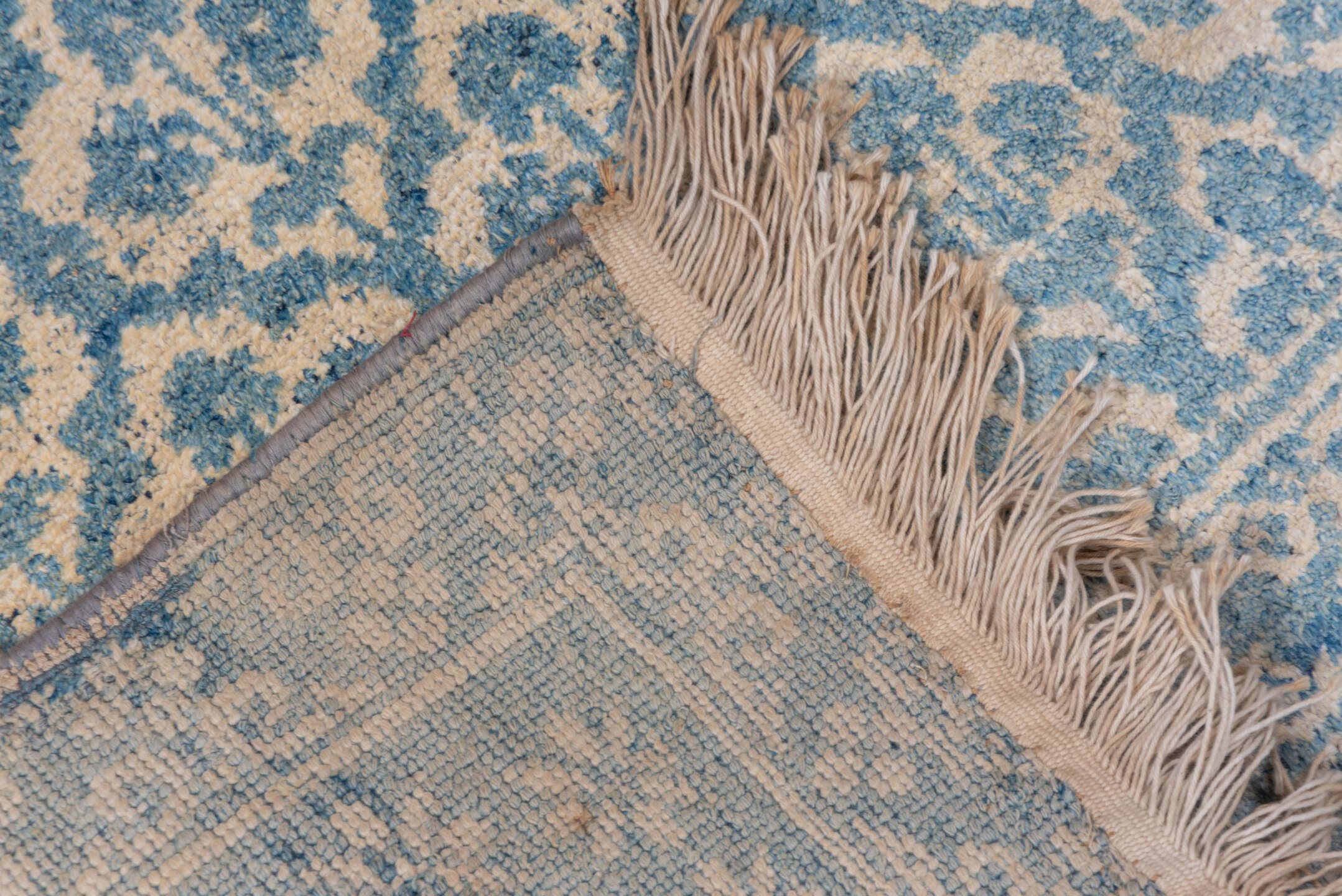 3' x 6' one-of-a-kind handmade vintage Cotton Agra small size rug. Color palette: sky blue, ivory, taupe, beige, light blue