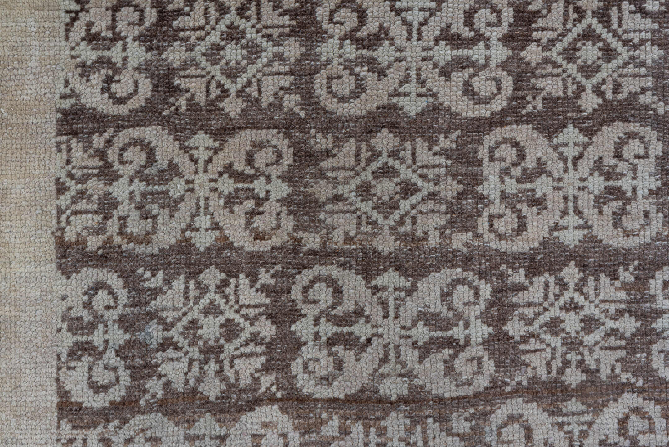 4' x 6' one-of-a-kind handmade vintage Tulu small size rug. Color palette: taupe, ivory, beige, brown, gray