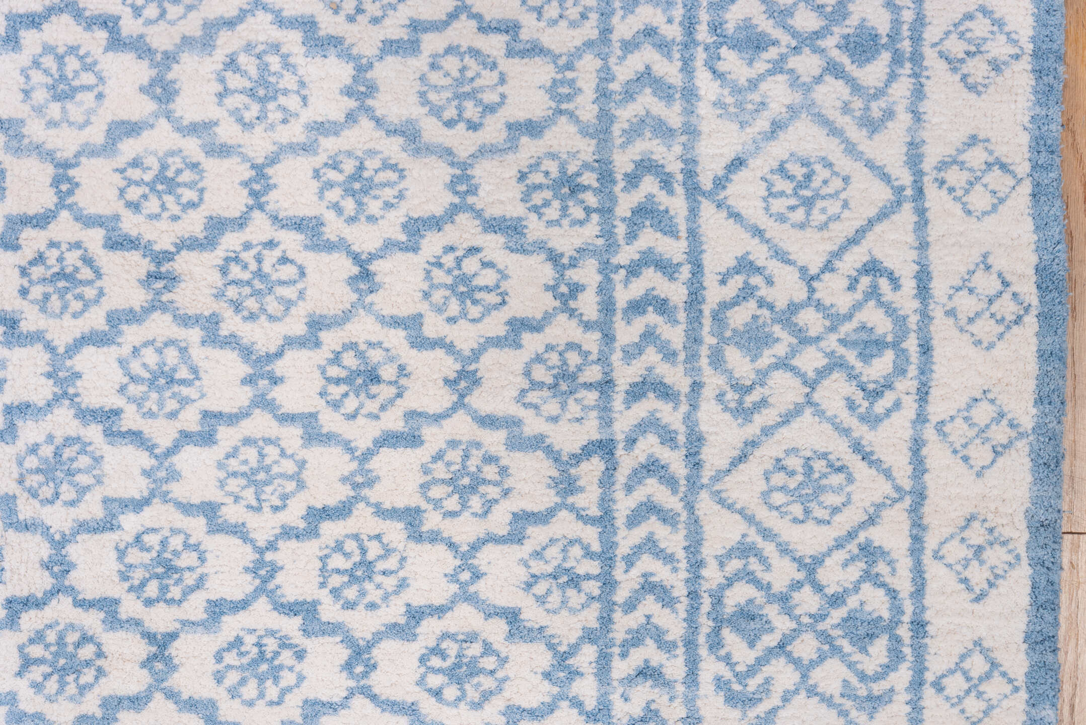 6' x 9' one-of-a-kind handmade vintage Cotton Agra medium size rug. Color palette: ivory, sky blue, powder blue, light blue