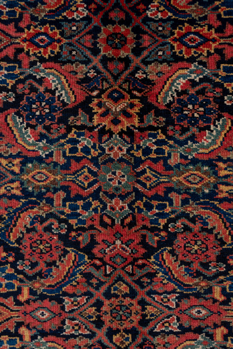 7' x 17' one-of-a-kind handmade antique Mahal rug. Color palette: navy, rust, ivory, coral, indigo, camel, burgundy, blue