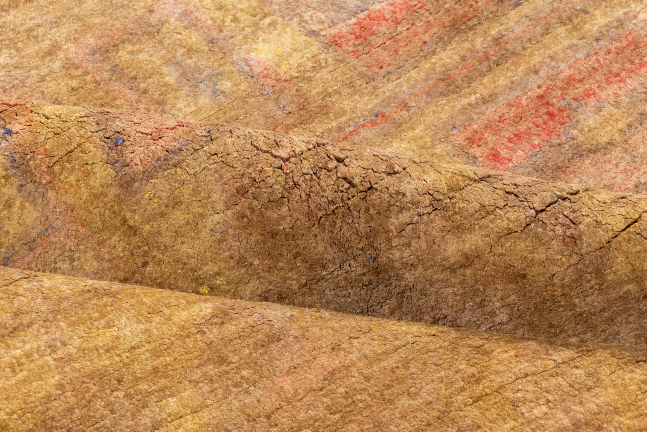 6' x 8' one-of-a-kind handmade antique Cotton Agra medium size rug. Color palette: camel, taupe, gold, terra cotta, rose