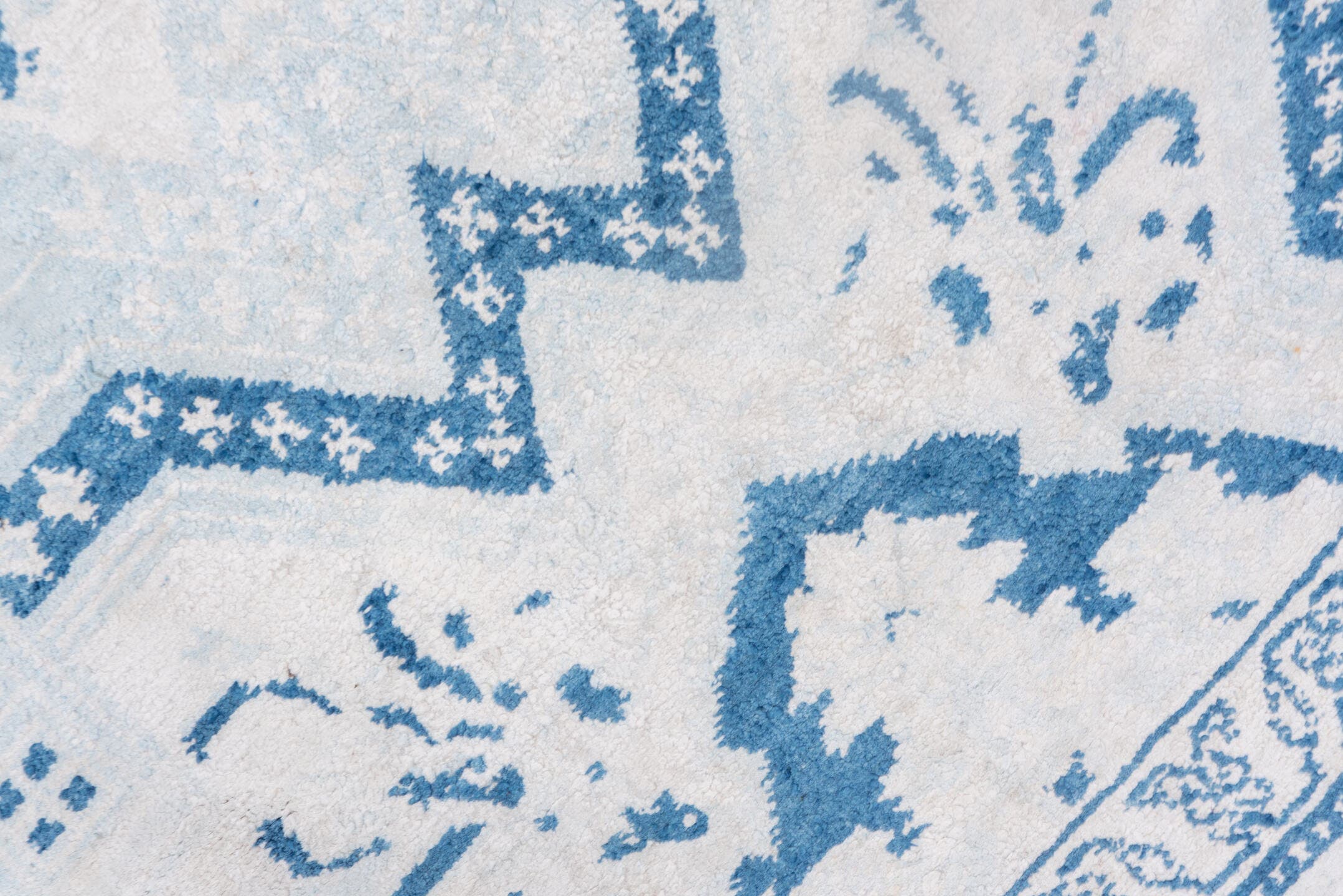 4' x 7' one-of-a-kind handmade vintage Cotton Agra rug. Color palette: ivory, sky blue, powder blue, denim blue, light blue