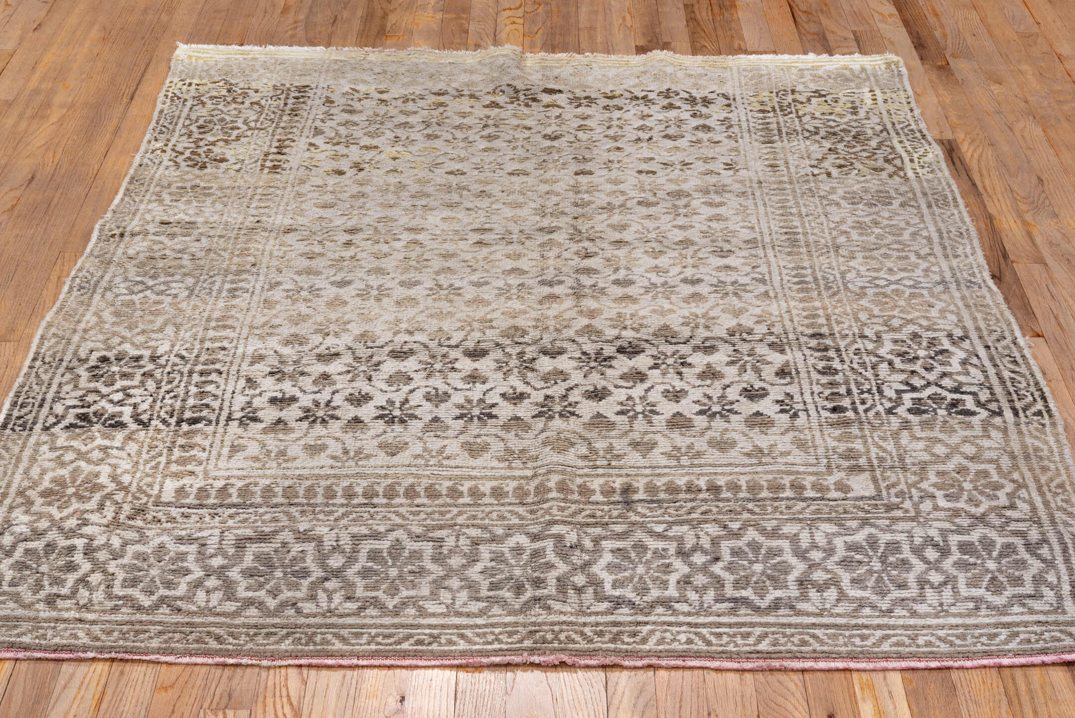 4' x 6' one-of-a-kind handmade antique Cotton Agra rug. Color palette: taupe, ivory, beige, brown, camel, gold, gray