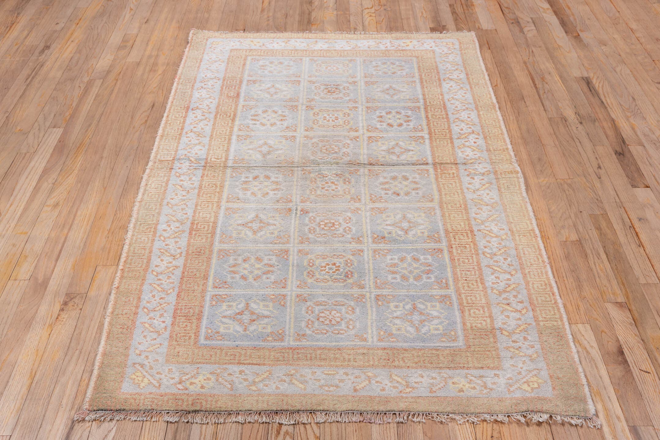 4' x 6' one-of-a-kind handmade vintage Cotton Agra small size rug. Color palette: ivory, peach, pale blue, beige, taupe