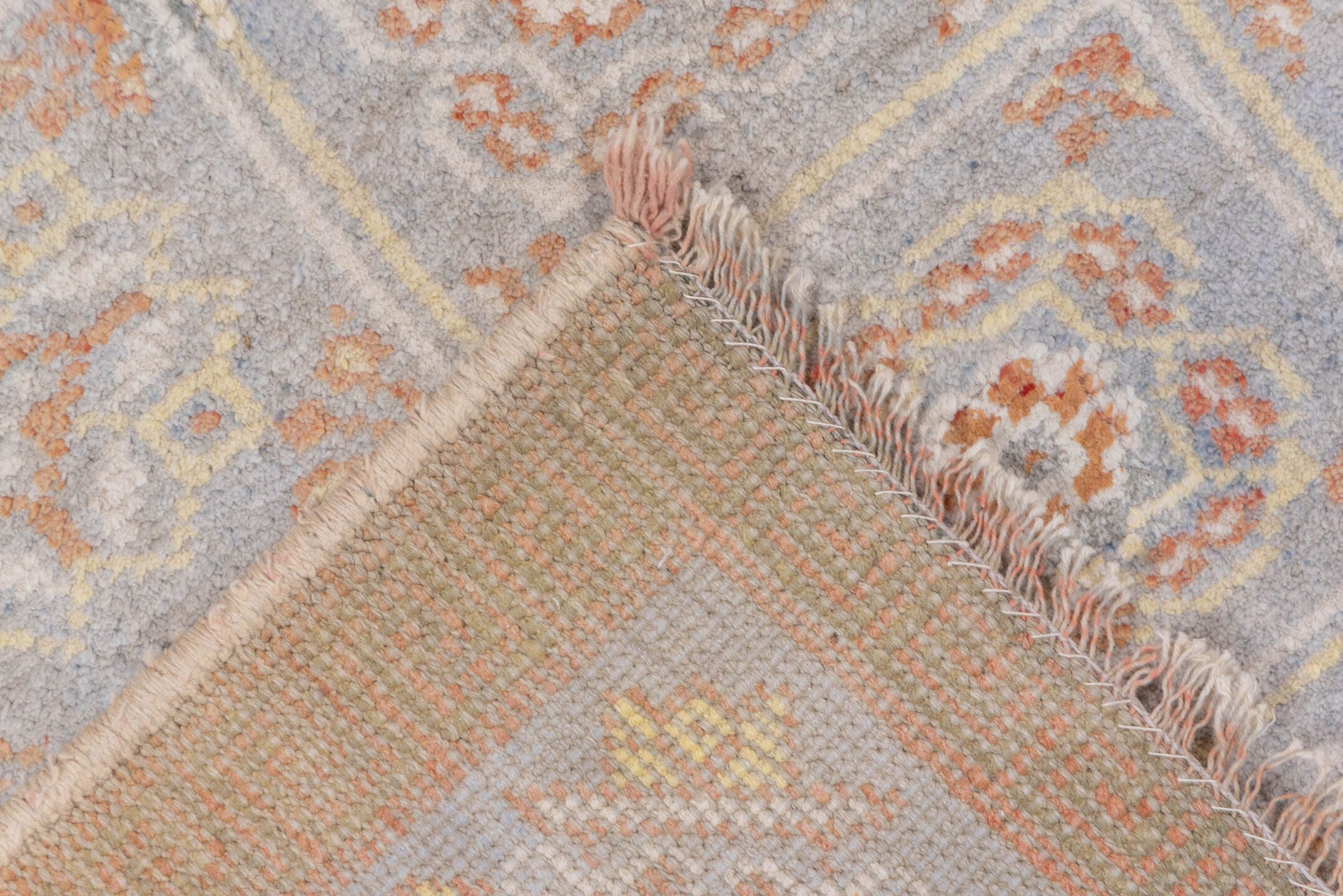 4' x 6' one-of-a-kind handmade vintage Cotton Agra small size rug. Color palette: ivory, peach, pale blue, beige, taupe