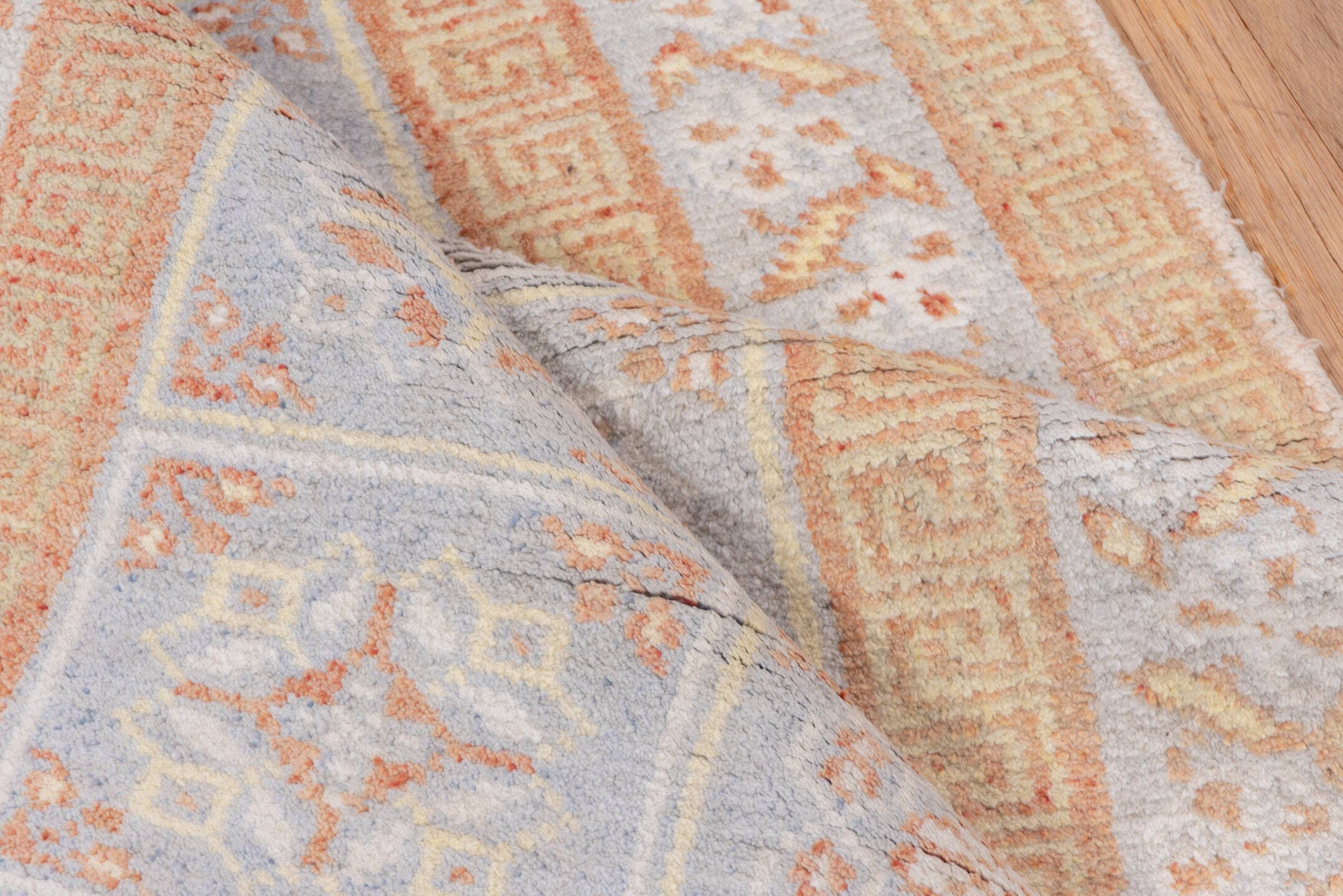 4' x 6' one-of-a-kind handmade vintage Cotton Agra small size rug. Color palette: ivory, peach, pale blue, beige, taupe