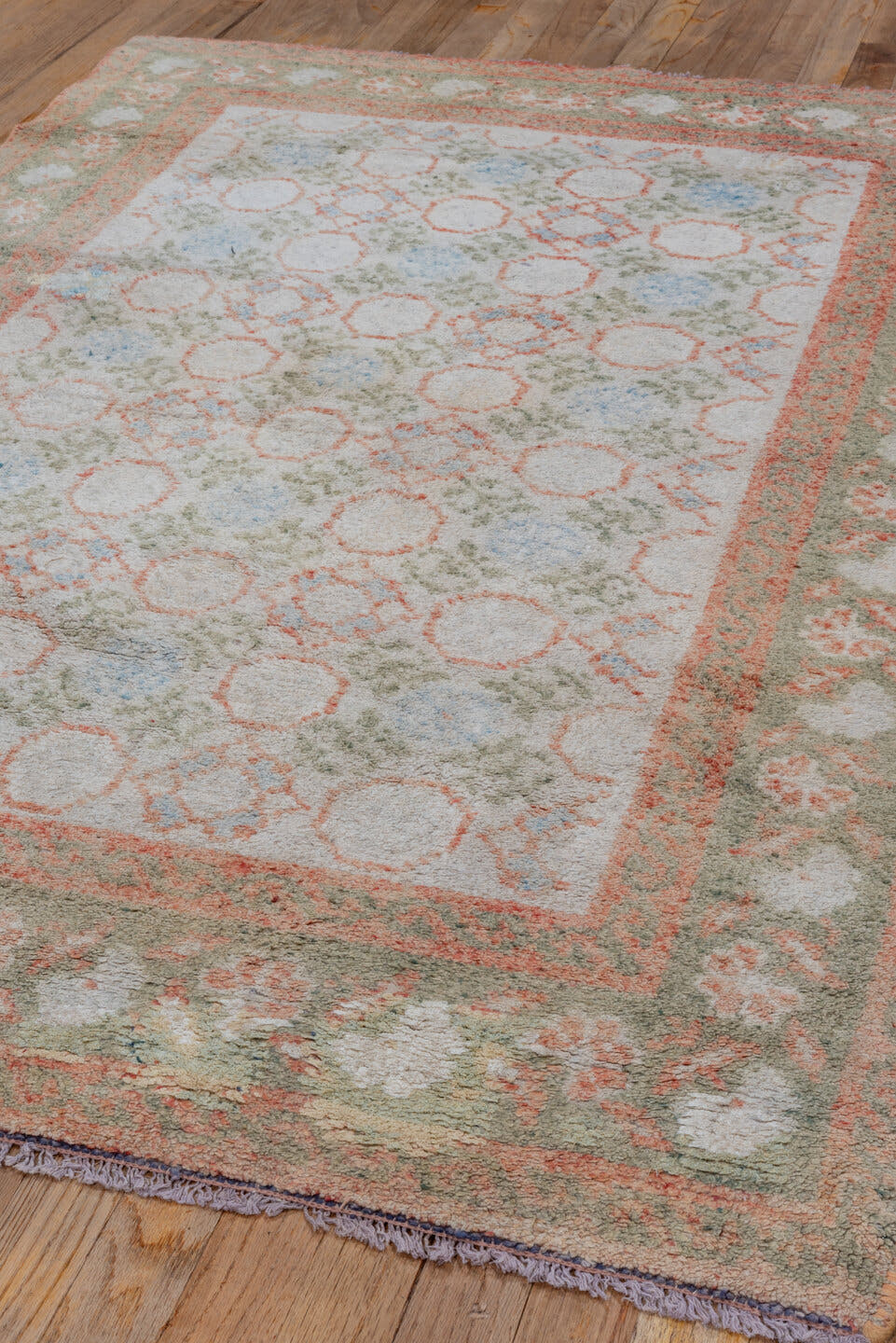 4' x 6' one-of-a-kind handmade vintage Cotton Agra small size rug. Color palette: ivory, sage, coral, pale blue, taupe